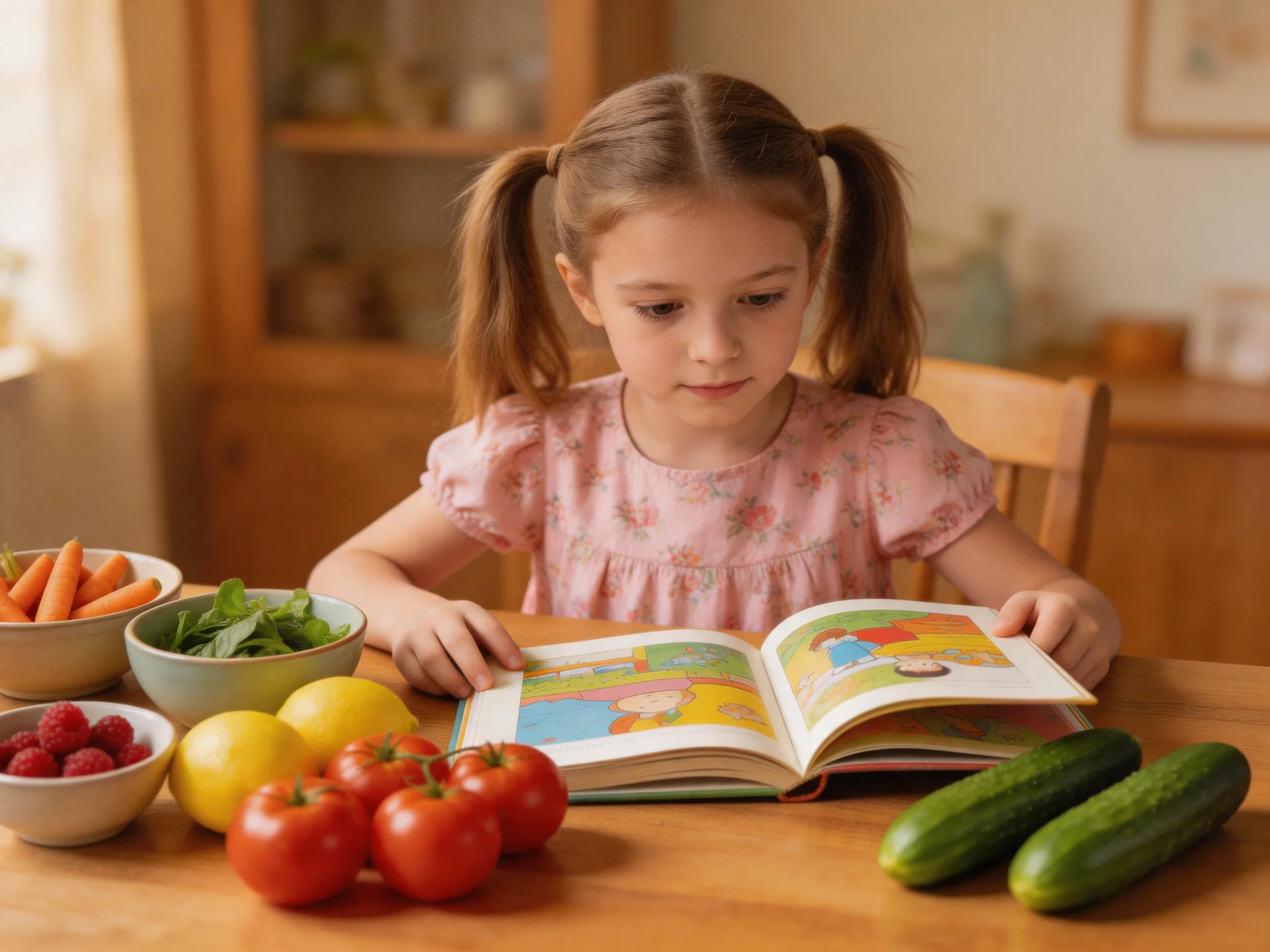A young girl reads a colorful book amid assorted fresh fruits and vegetables