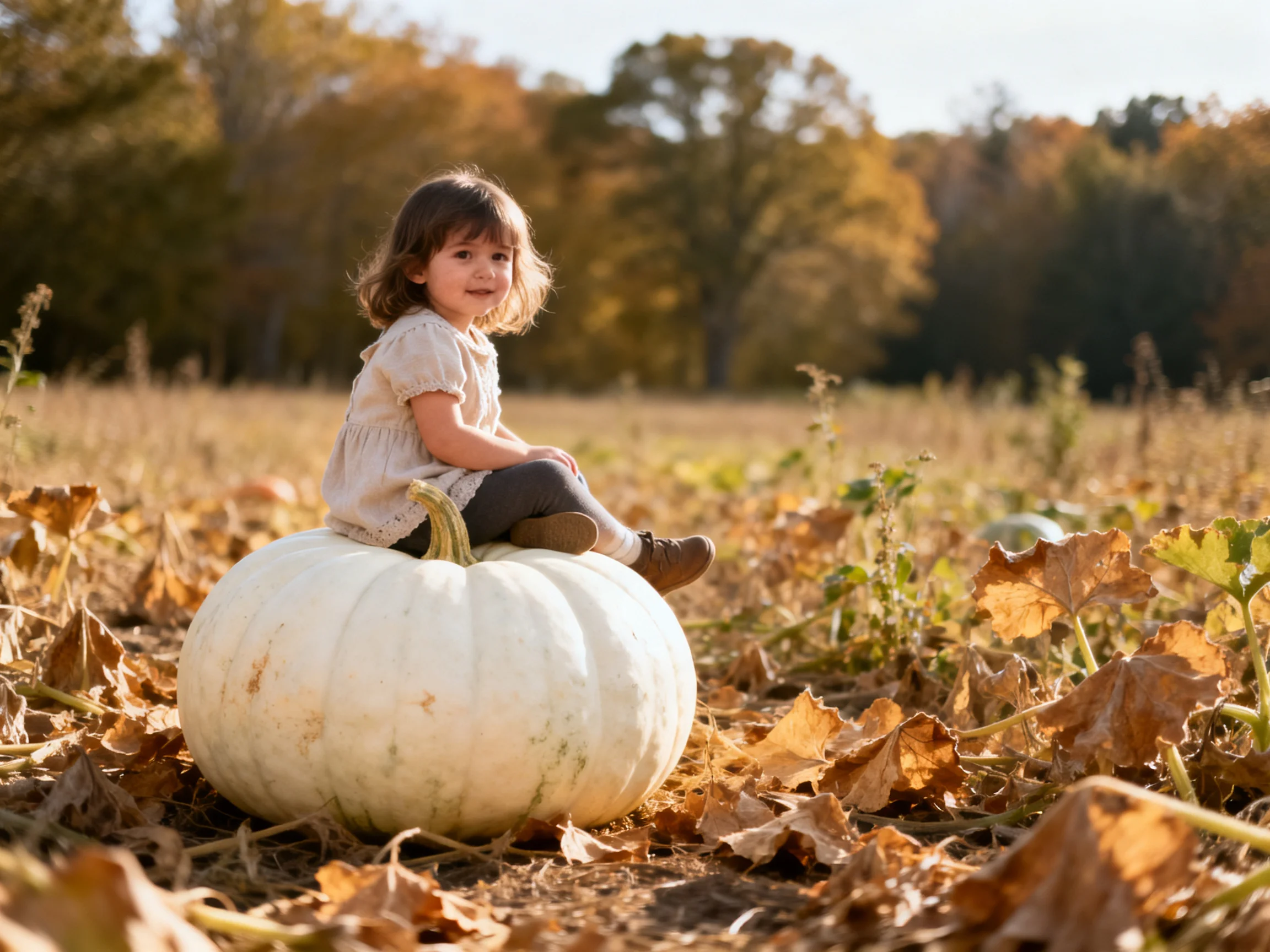 A young girl sits on a giant white pumpkin in an autumn farm field