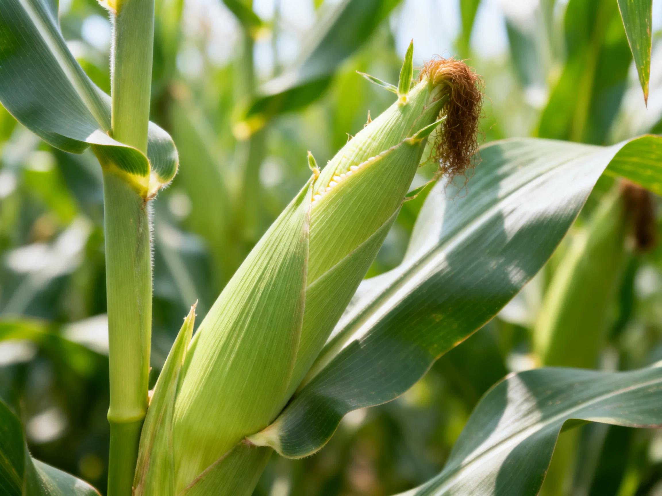 A young green corn cob surrounded by lush corn plants