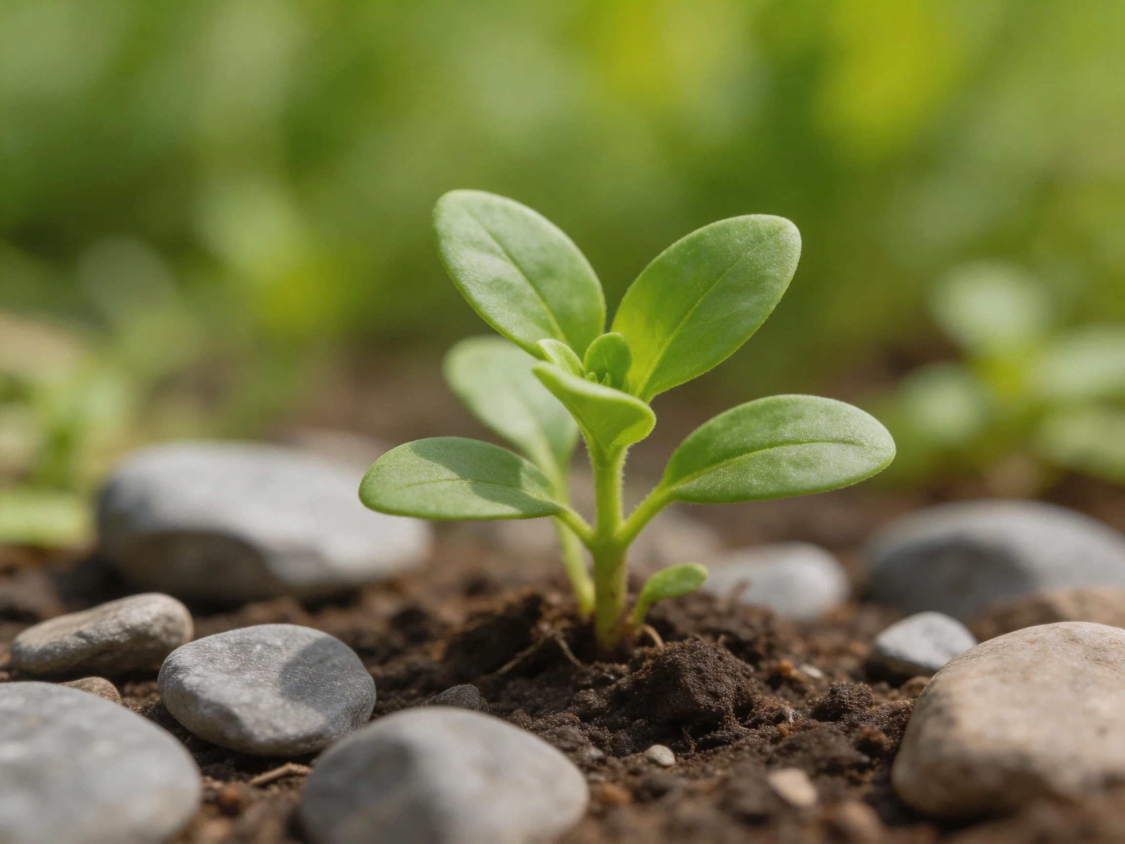 A young green seedling grows among smooth gray and beige stones in dark soil