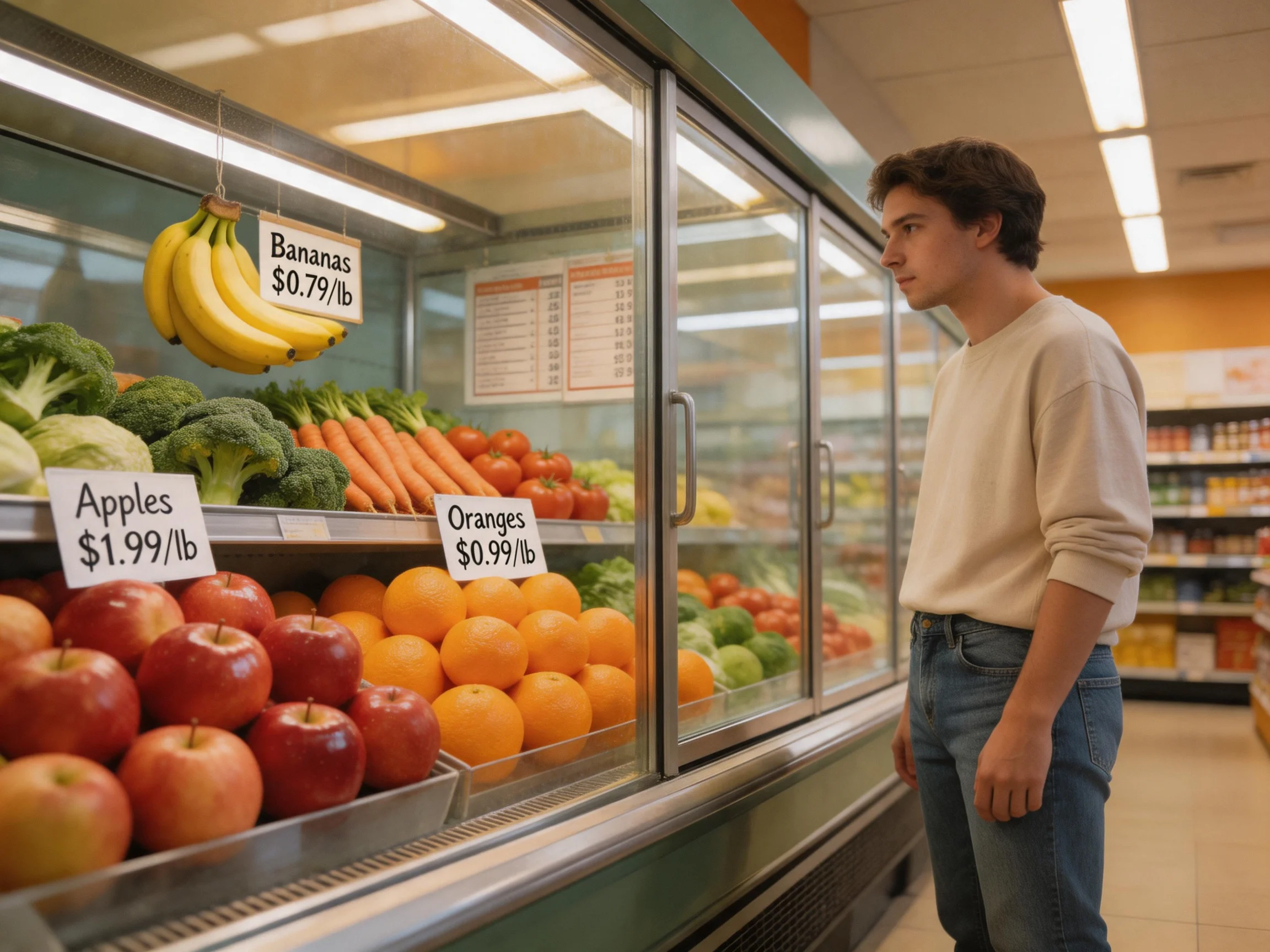 A young man views a colorful fruit display with bananas, apples, and oranges in a grocery store.