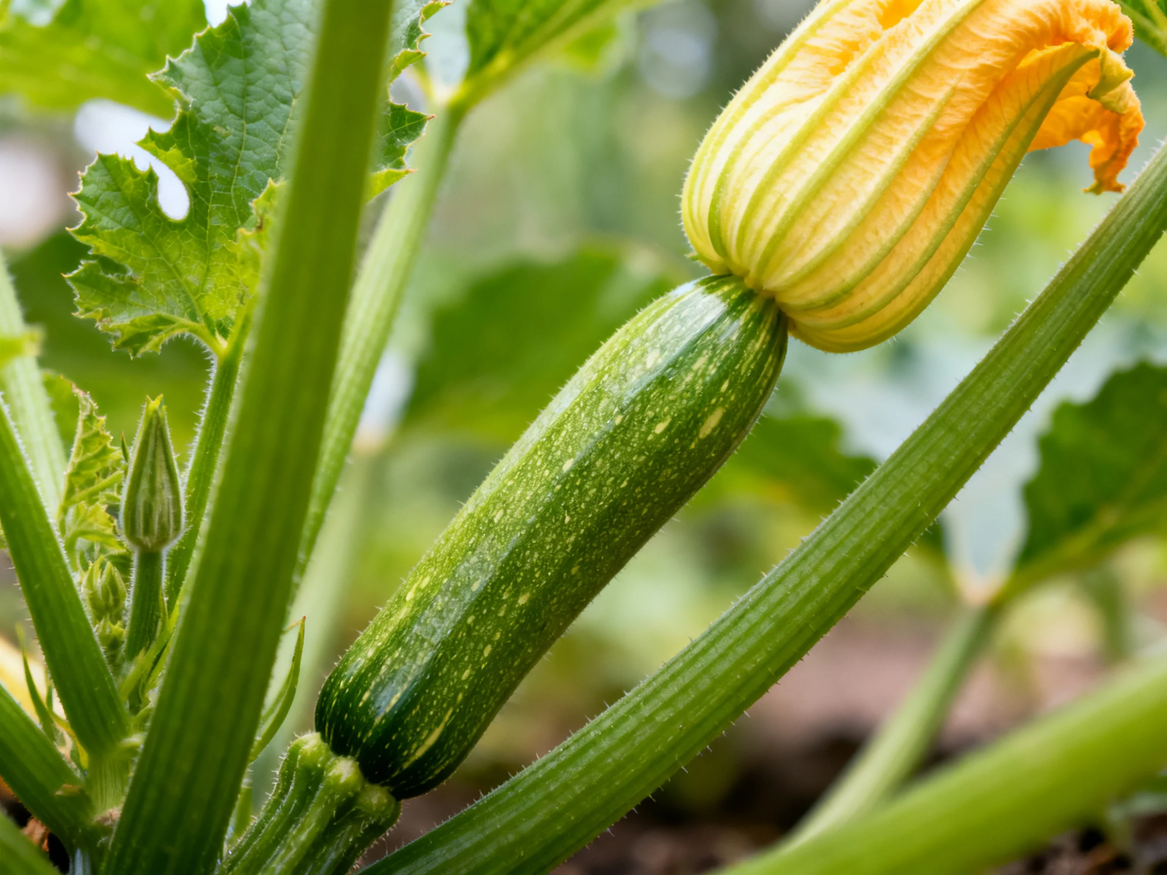 A zucchini plant with a green squash and yellow blossom