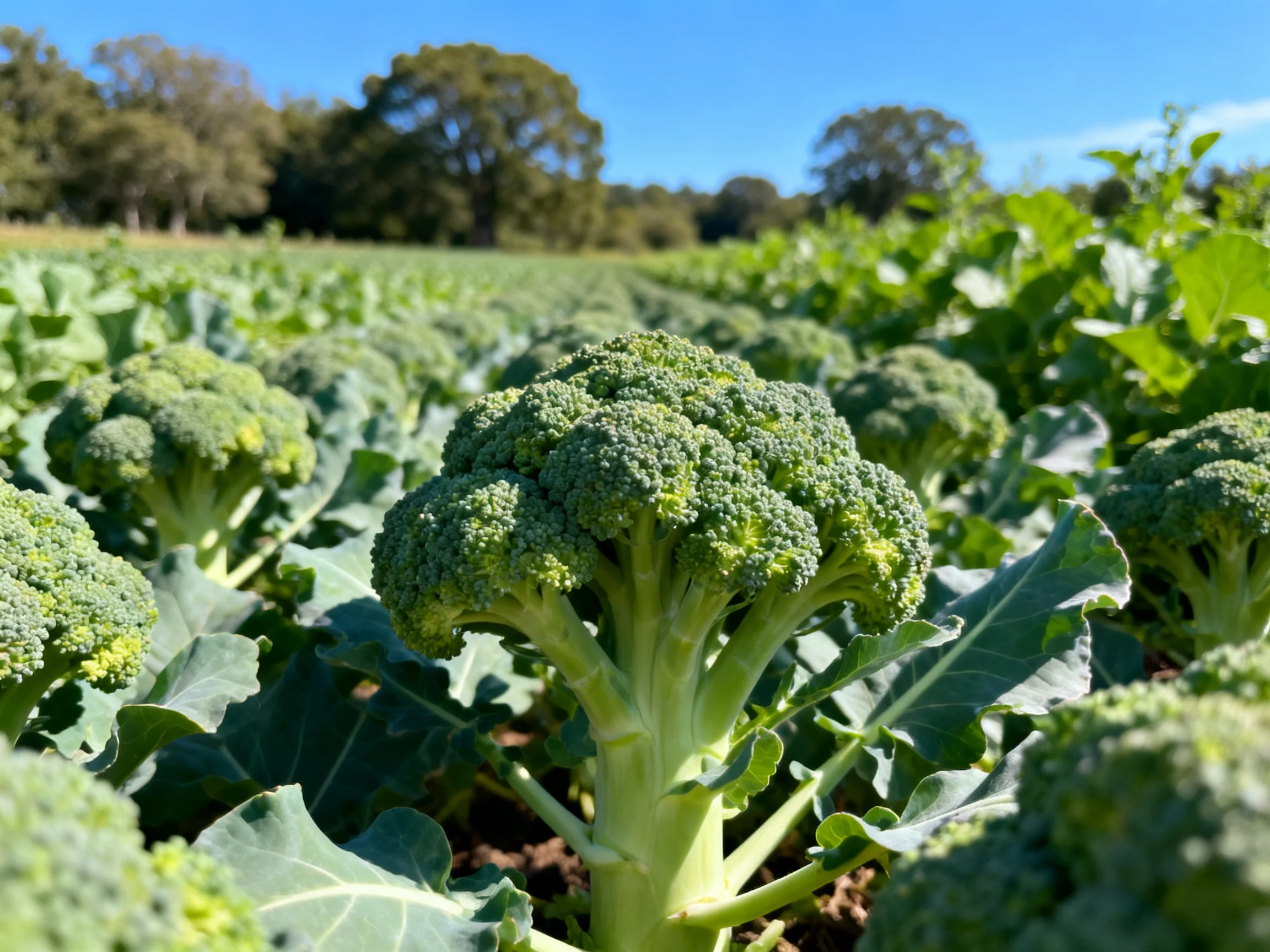 Abundant Green Broccoli Field with Abundant Crops Under Clear Blue Sky