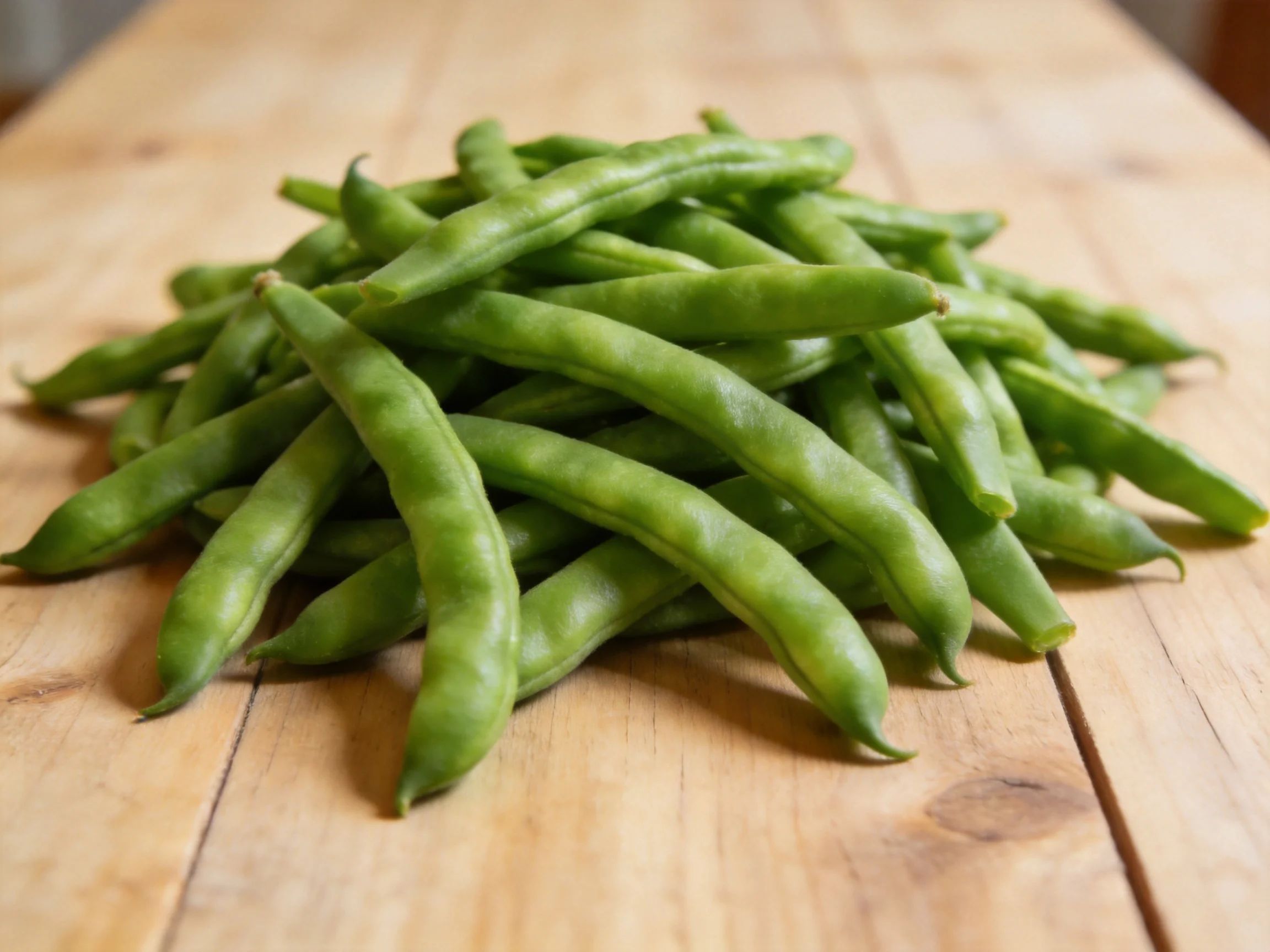 Abundant fresh green beans piled on a wooden table