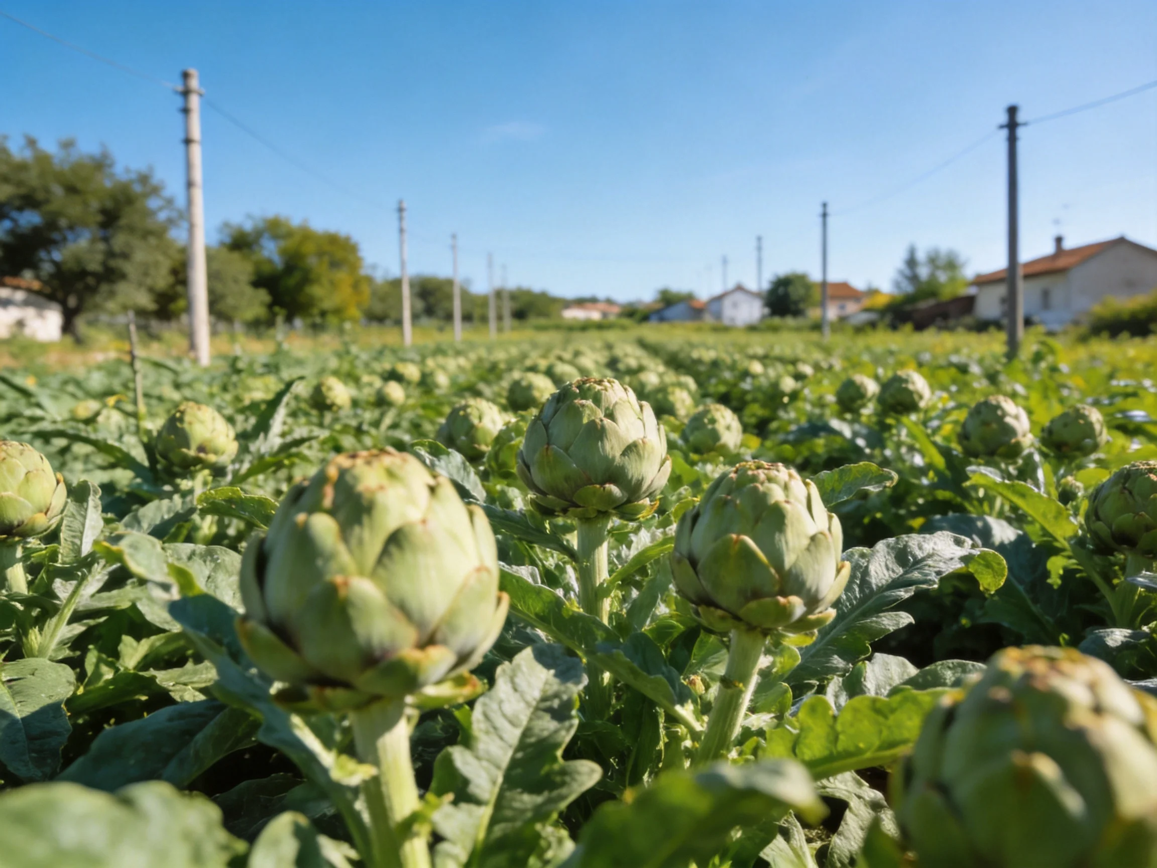 Abundant green artichokes in a sunlit rural field near homes