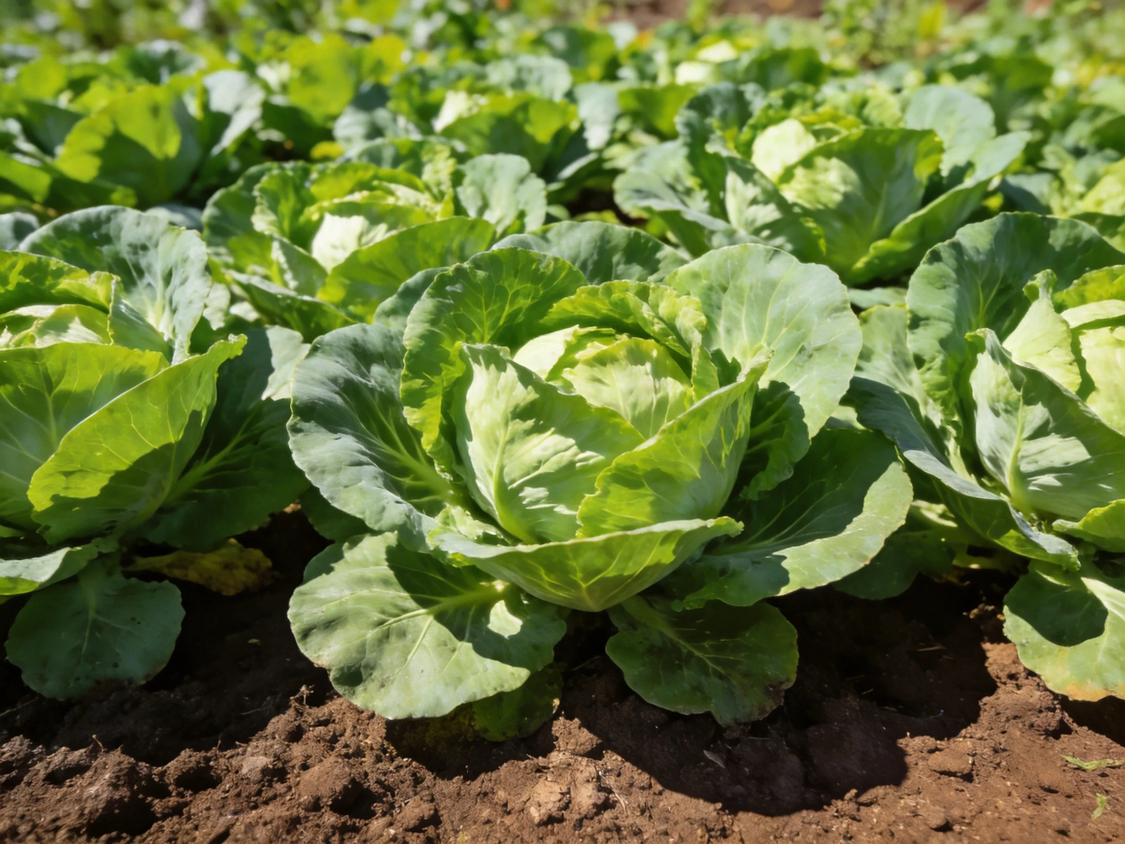 Abundant green cabbage plants growing in fertile brown soil