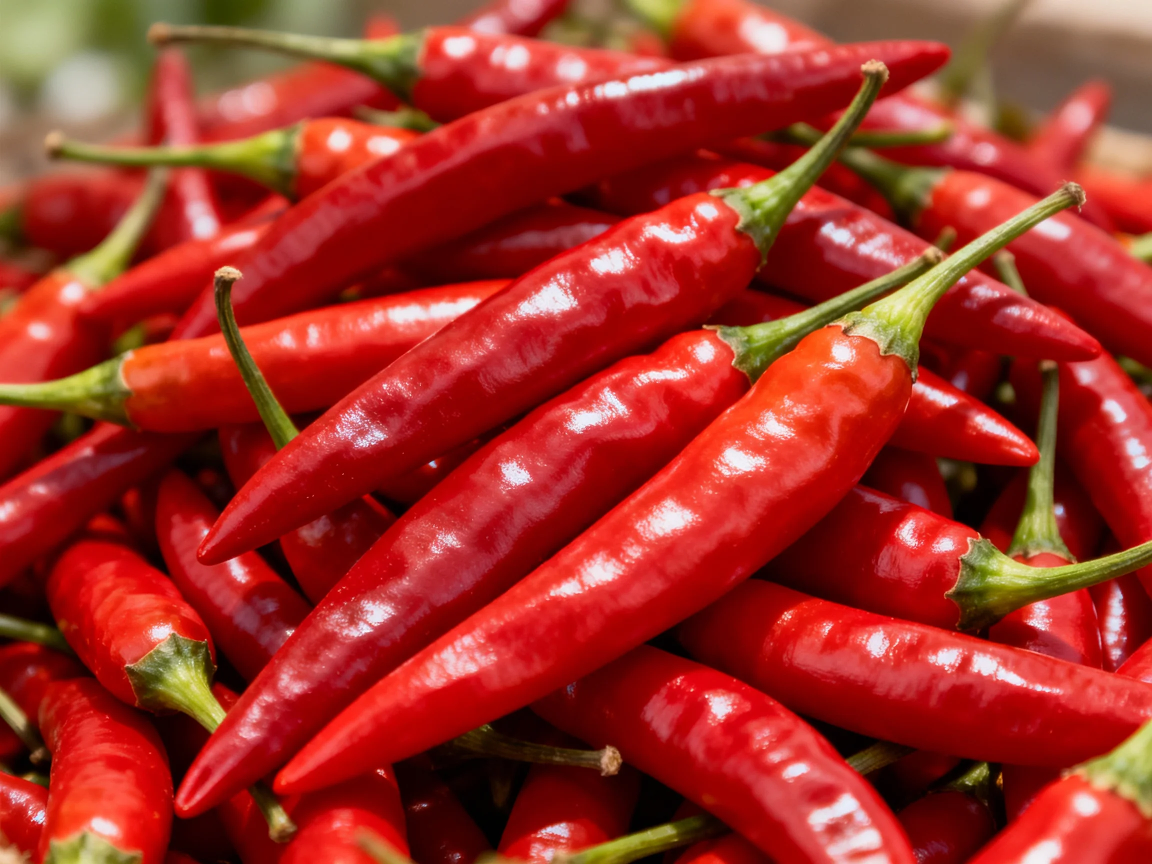 Abundant pile of numerous bright red chili peppers with green stems