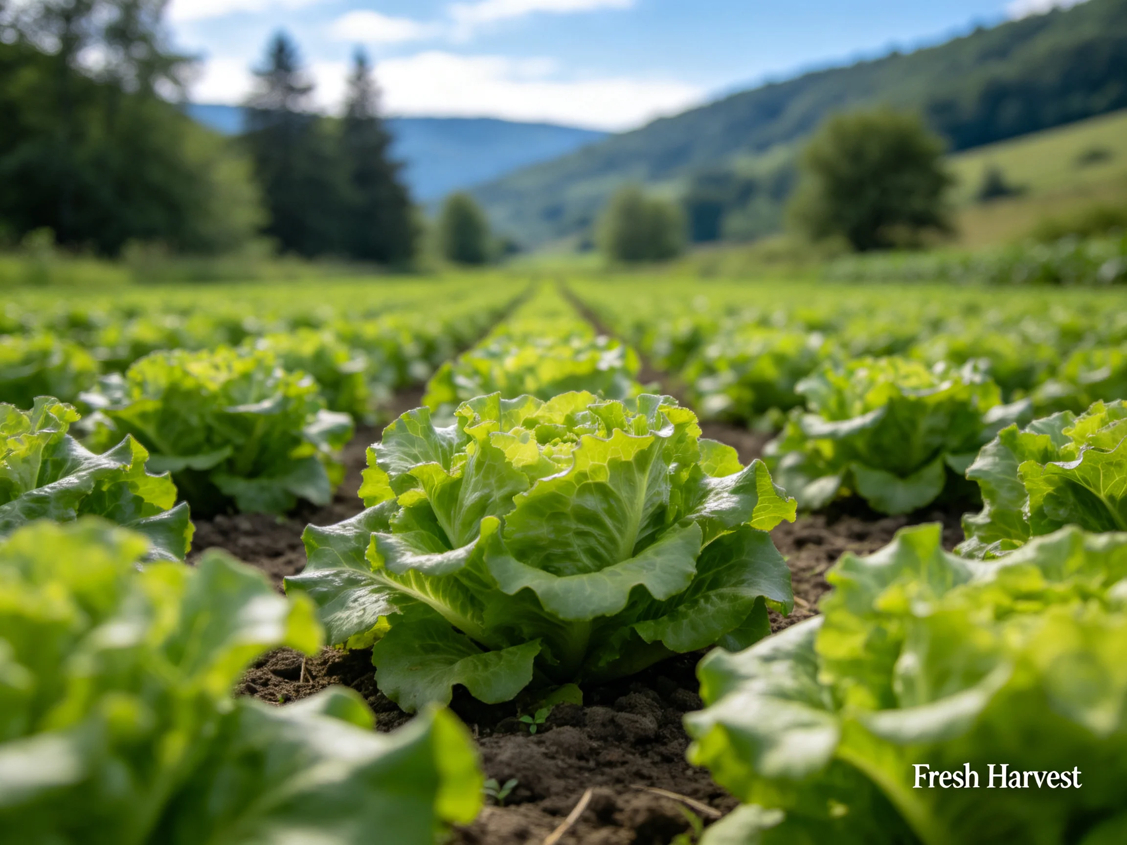 Agricultural field with vibrant green lettuce rows stretching toward mountainous horizon