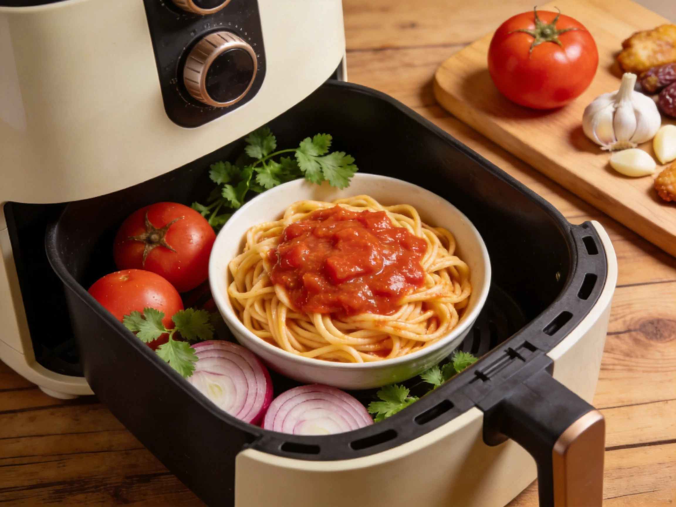 Air fryer with spaghetti, tomatoes, and fresh vegetable ingredients