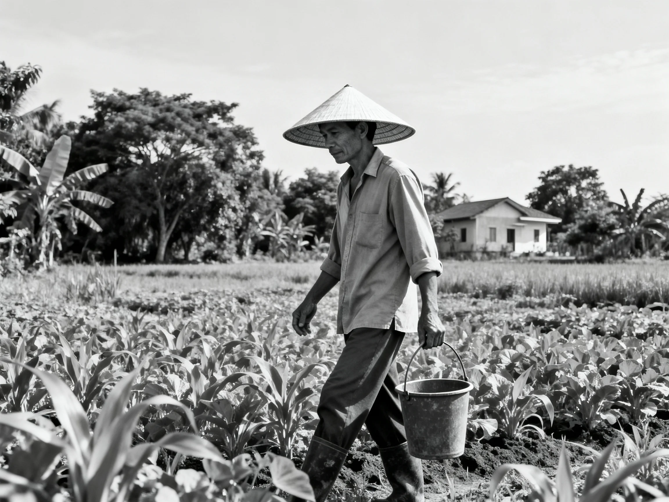 An elderly farmer in a conical hat carries a bucket through farmland