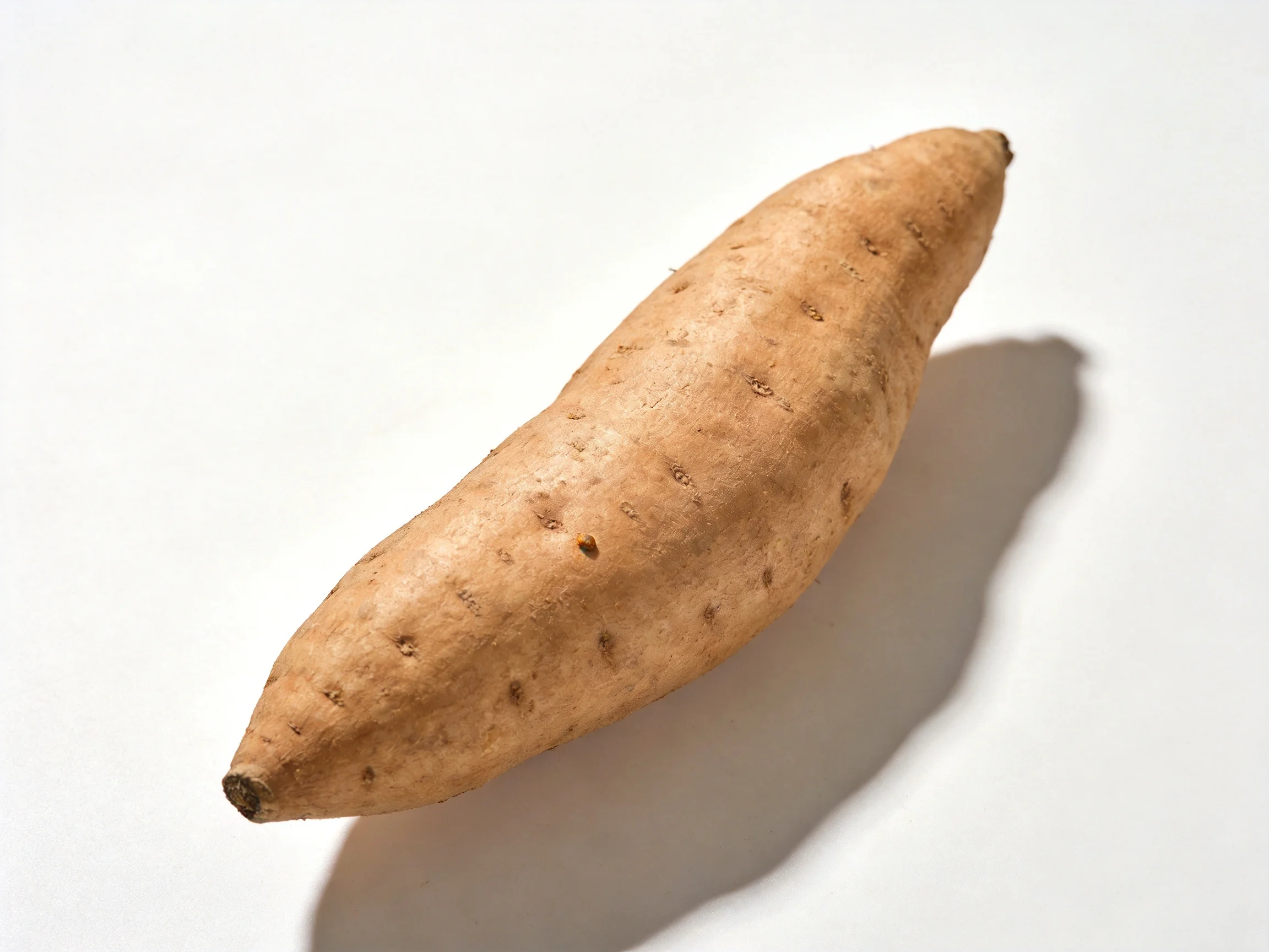An elongated sweet potato with earthy brown skin on a plain white surface