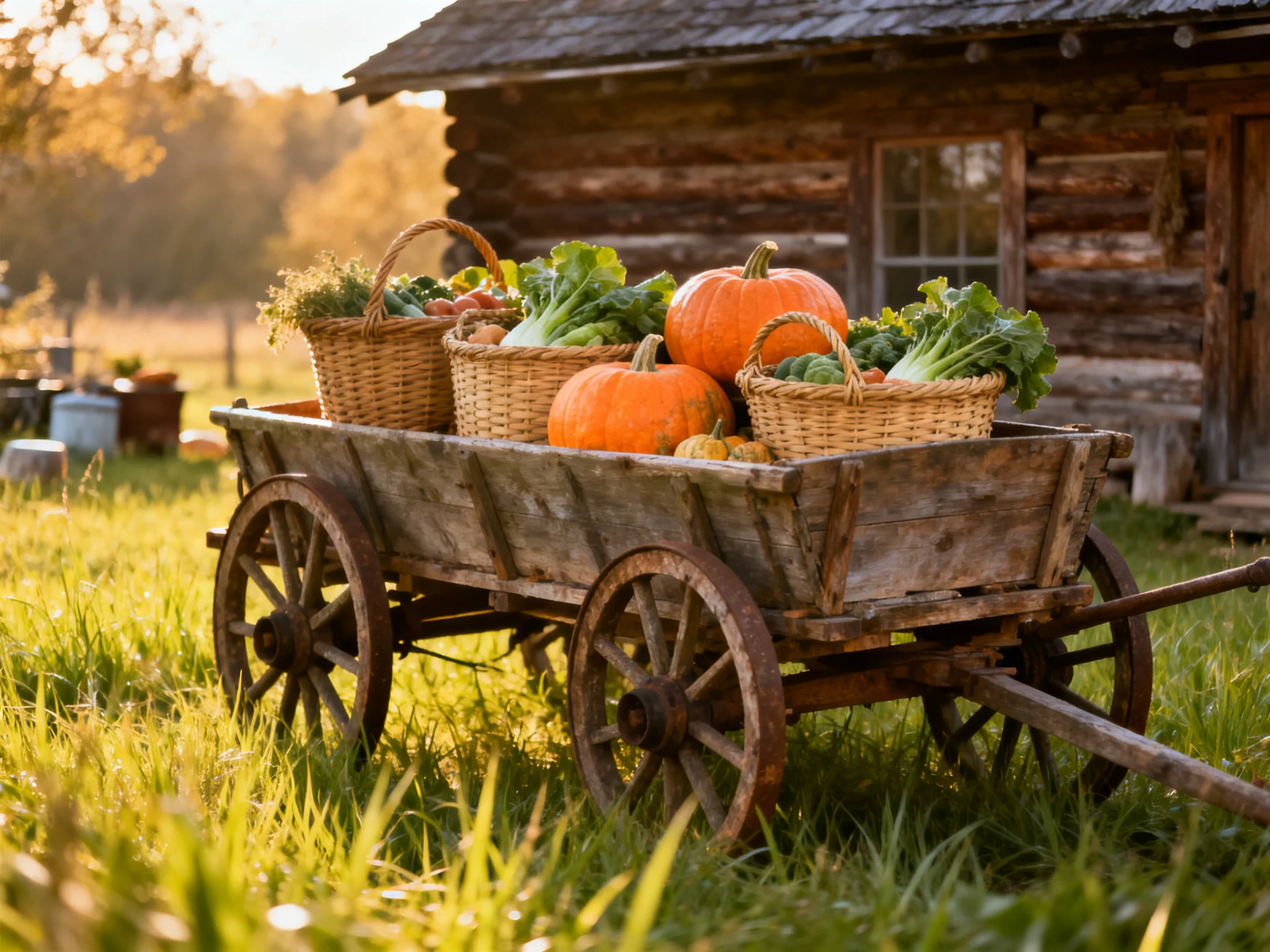 An old wooden cart overflowing with vegetables beside a log cabin