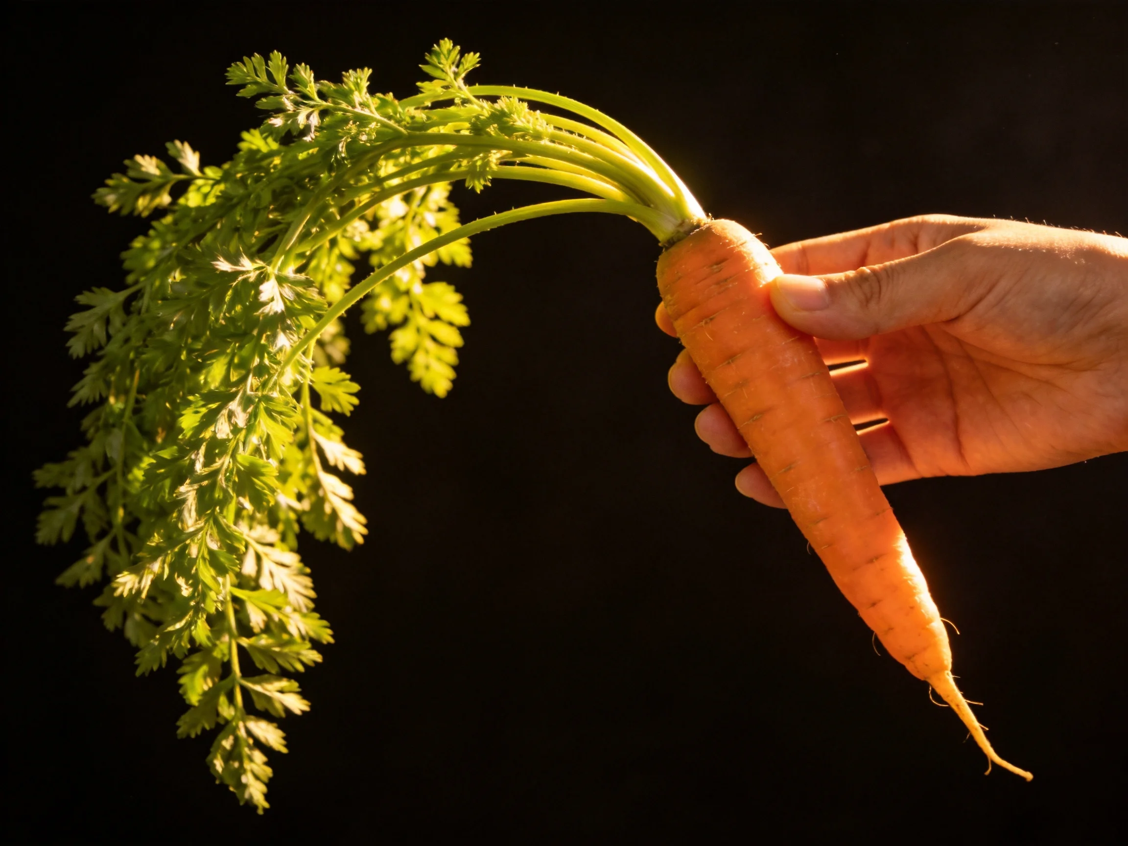 An orange carrot with fresh green foliage held by a hand