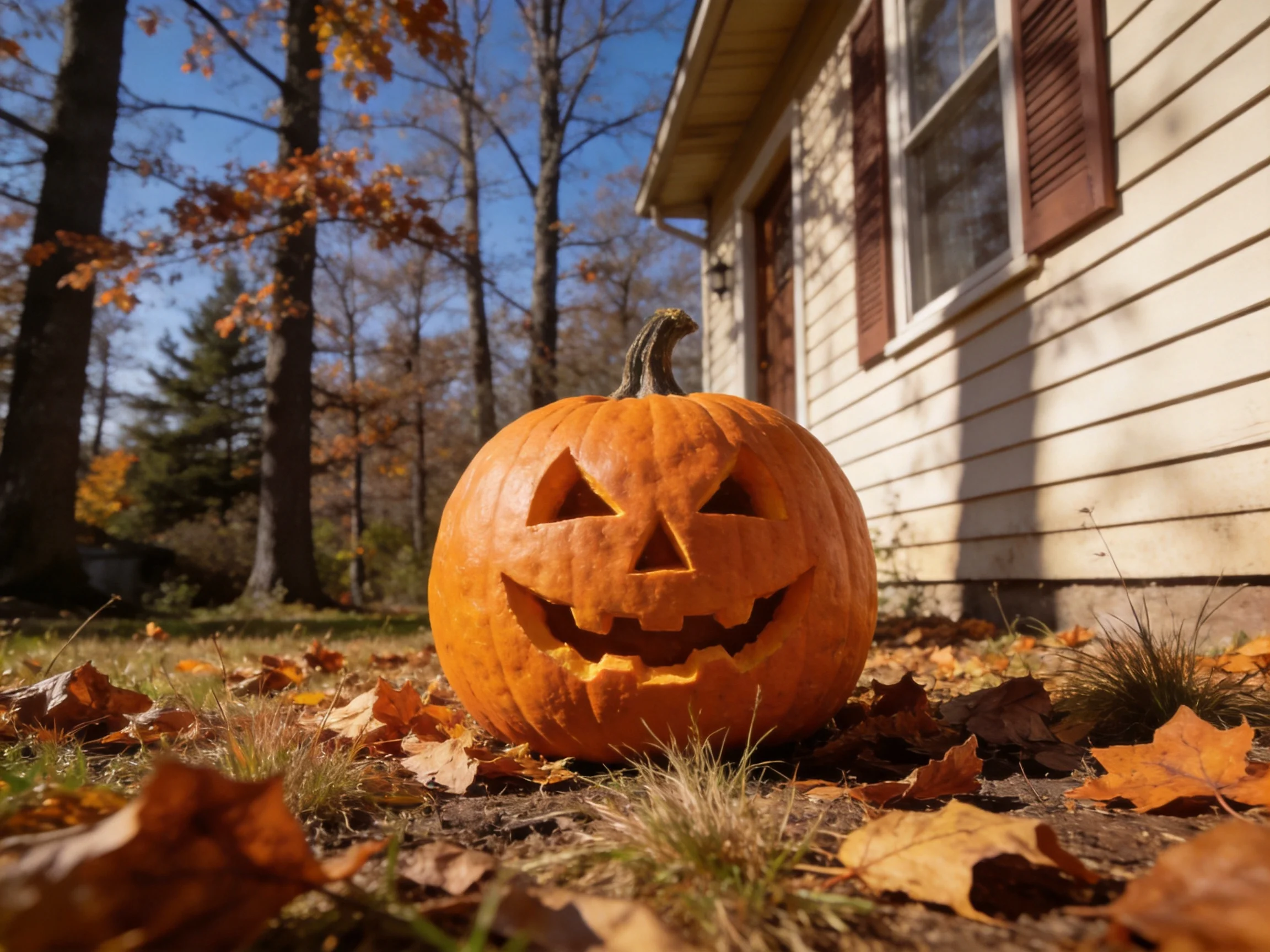An orange carved jack-o-lantern sits outside a house with brown shutters amid fallen autumn leaves