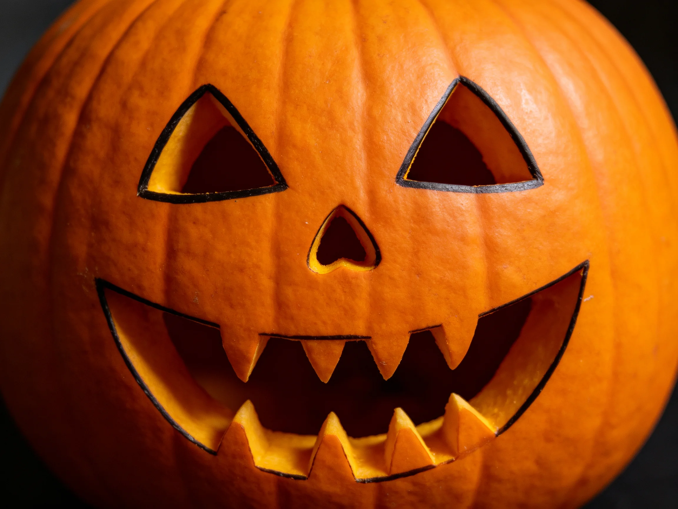 An orange carved pumpkin jack-o-lantern with triangular eyes and jagged teeth