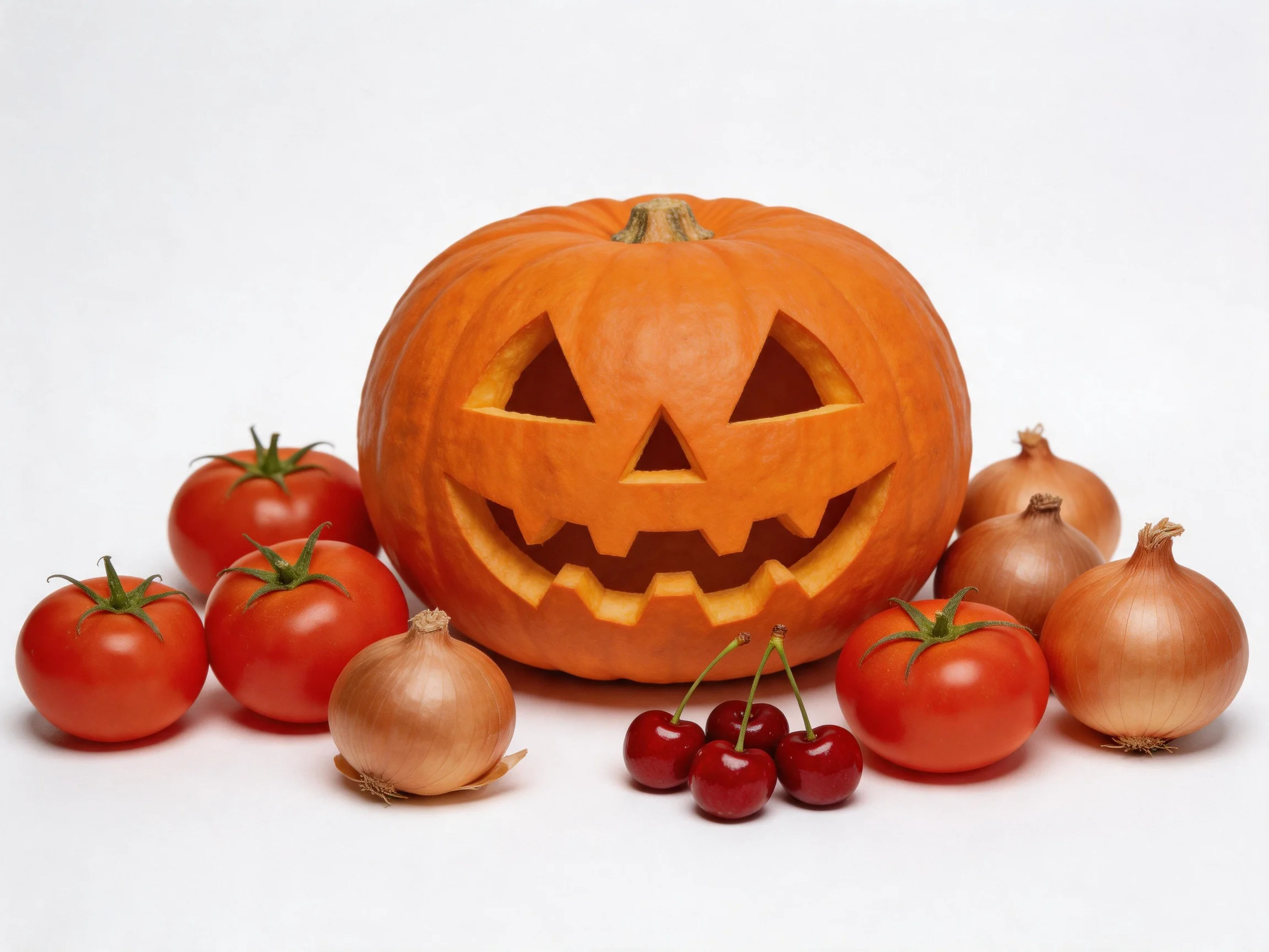An orange carved pumpkin with five tomatoes, four onions, and three cherries