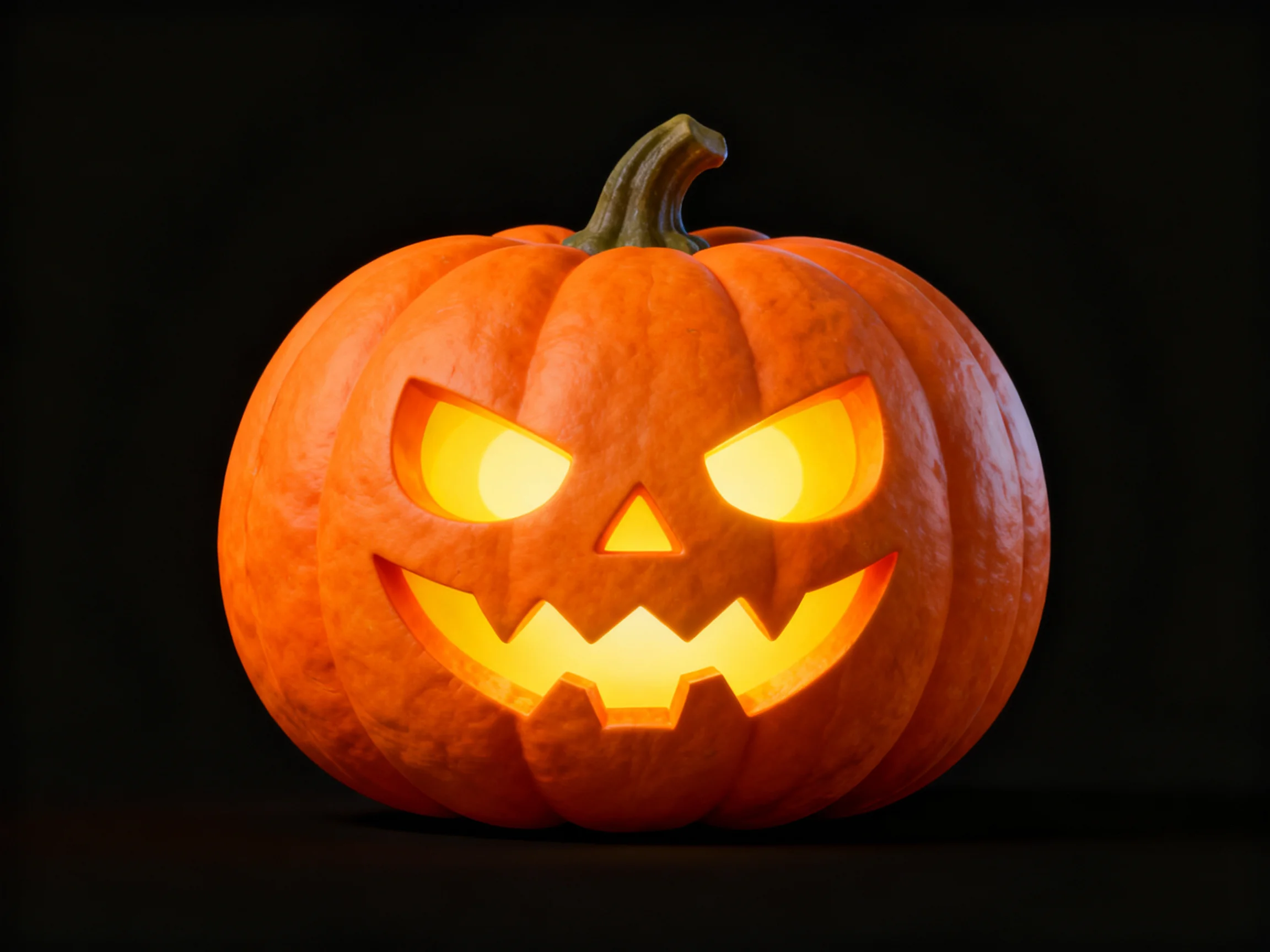 An orange jack-o-lantern with carved features glowing against a black background