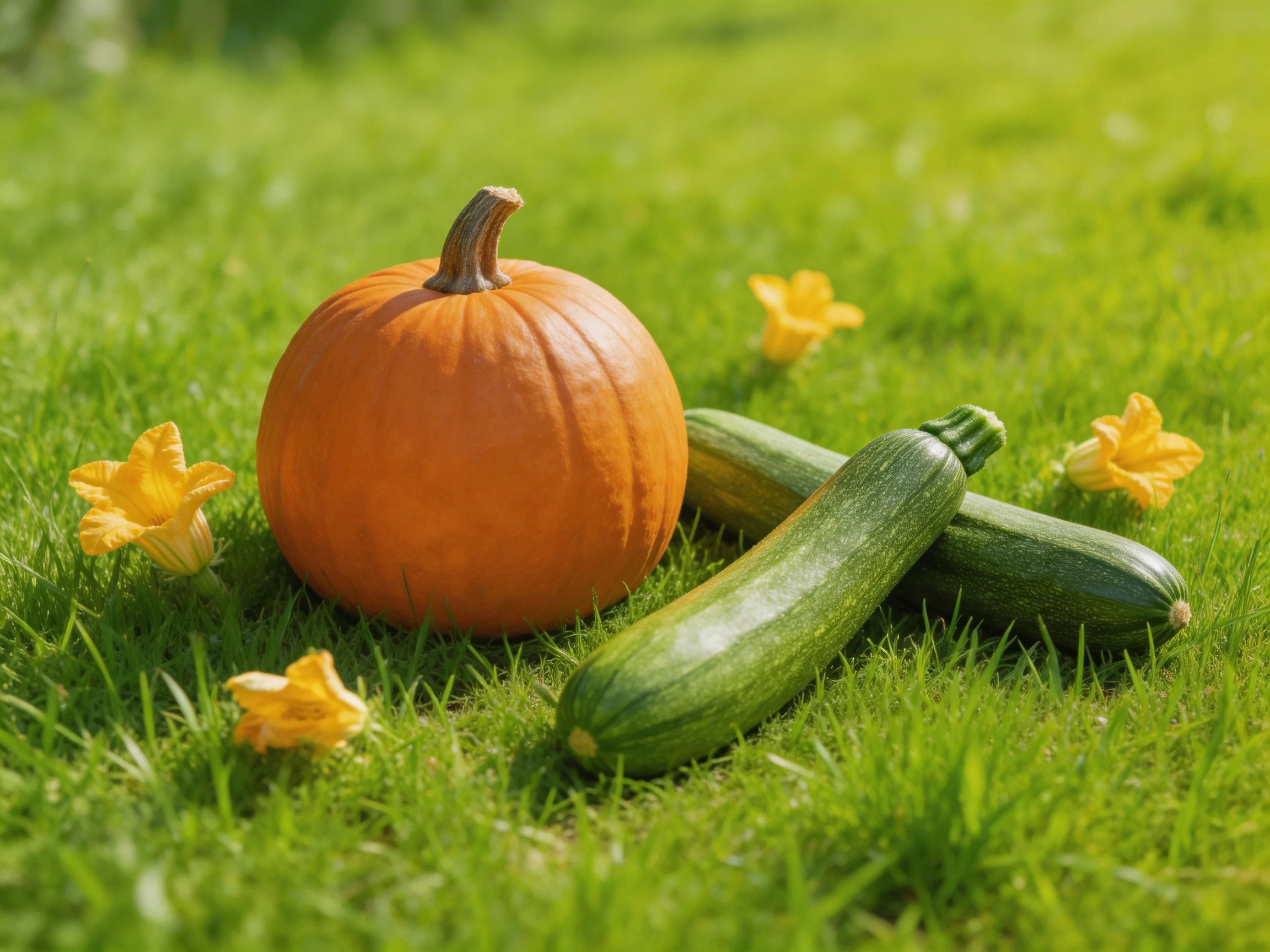 An orange pumpkin and two green zucchinis rest beside yellow flowers on lush green grass