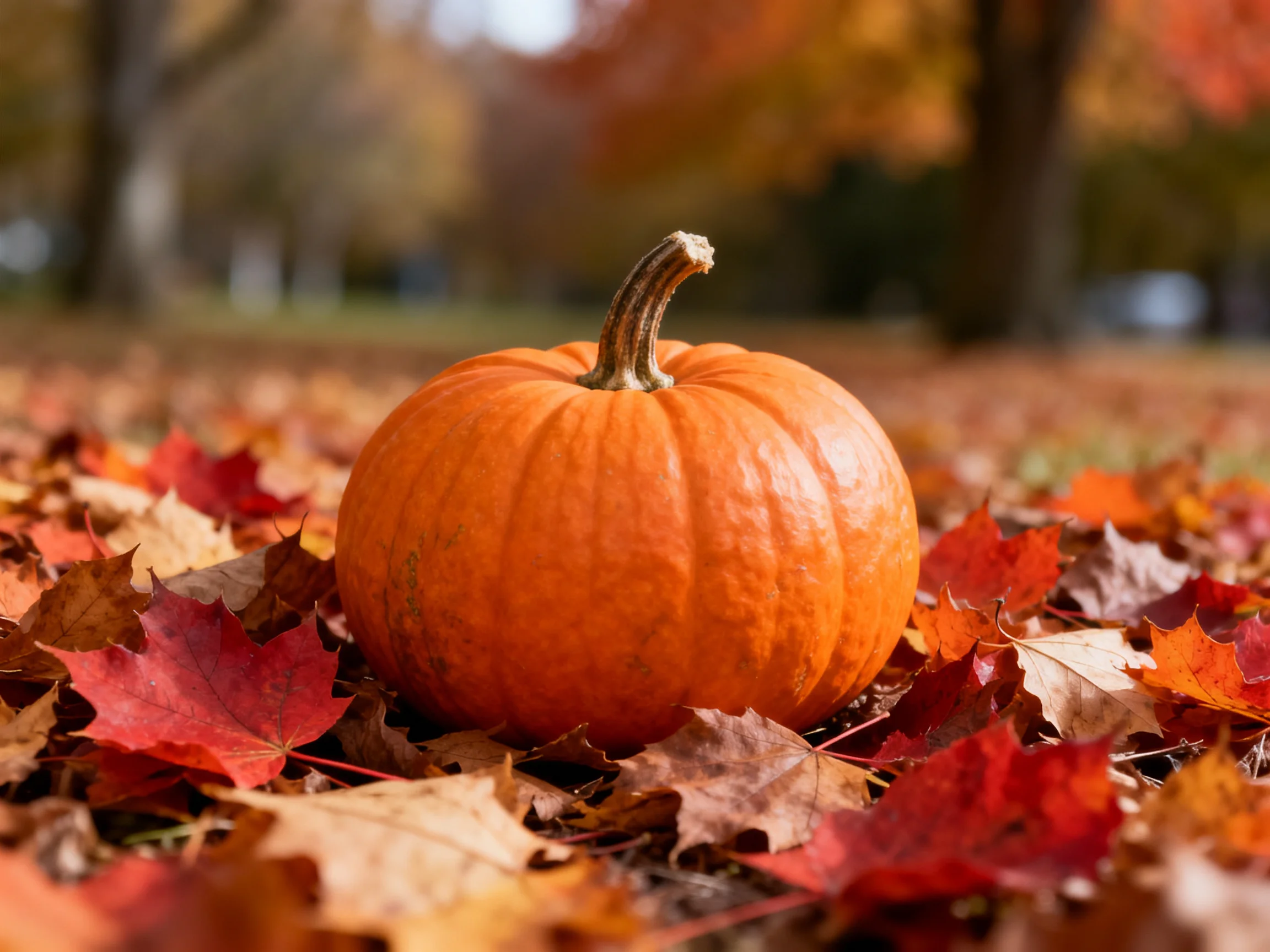 An orange pumpkin surrounded by colorful autumn fallen leaves