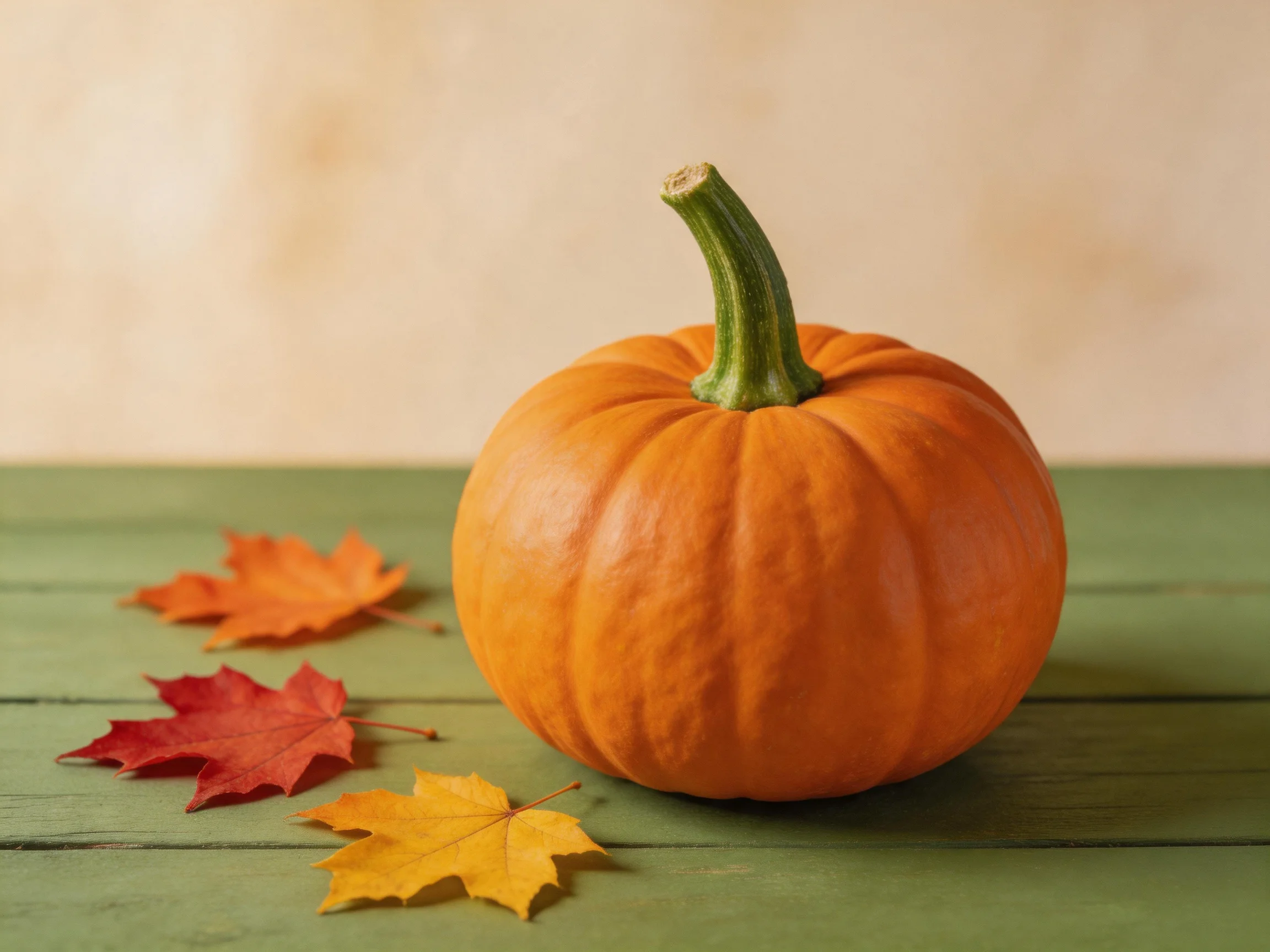An orange pumpkin surrounded by colorful autumn leaves on a green wooden surface