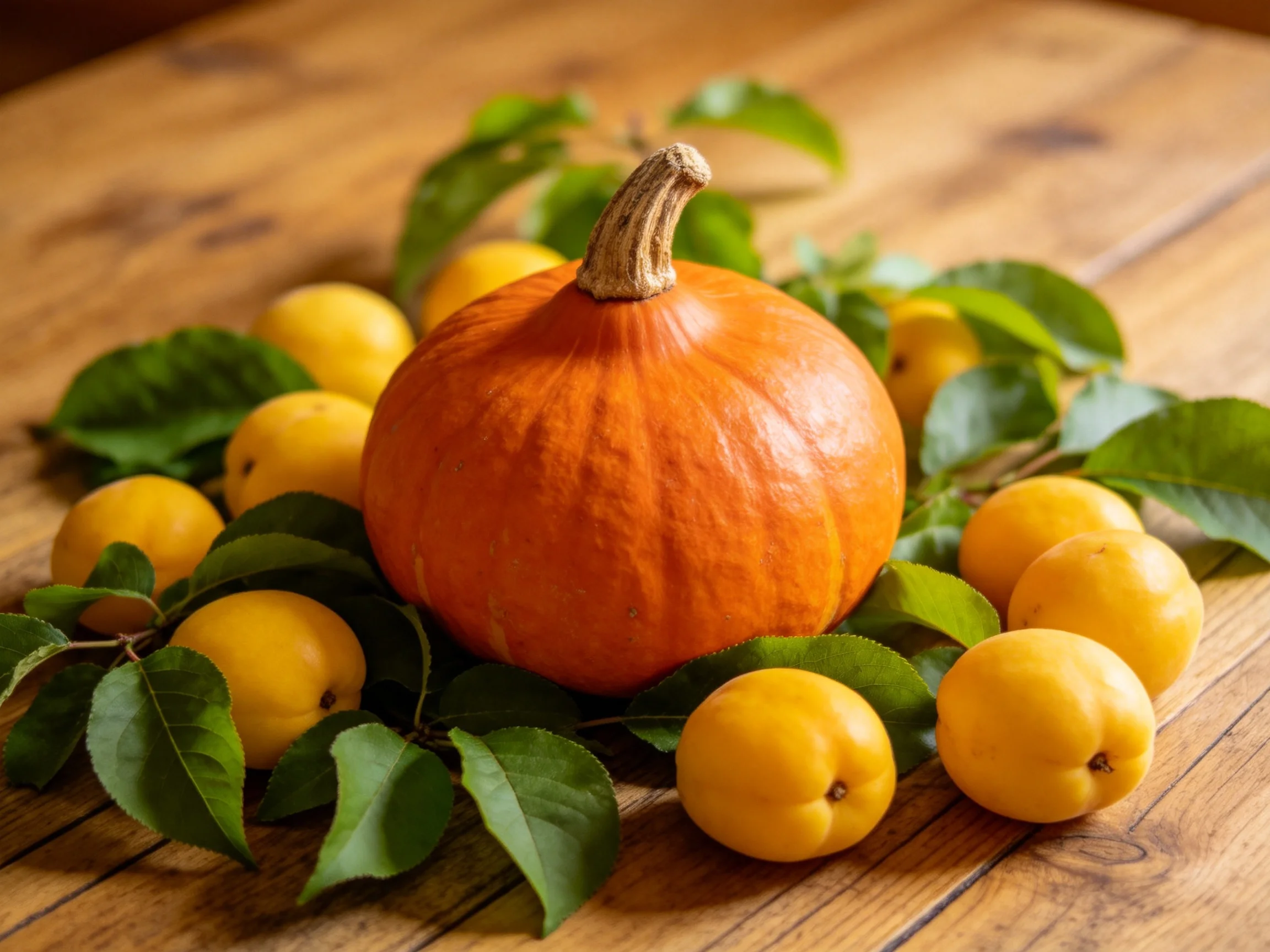 An orange pumpkin surrounded by yellow apricots and green leaves on a wooden table