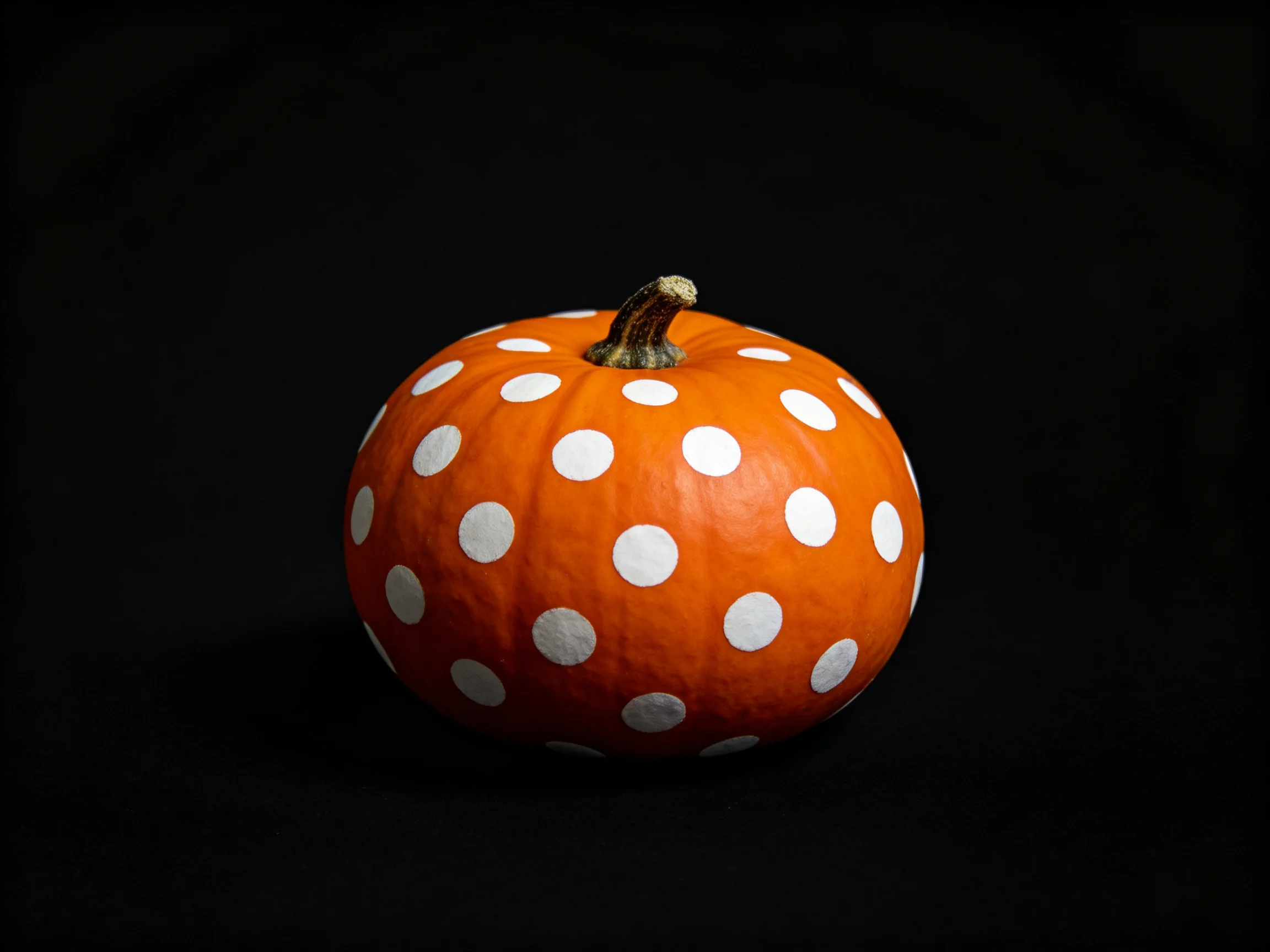 An orange pumpkin with large white polka dots on a black background