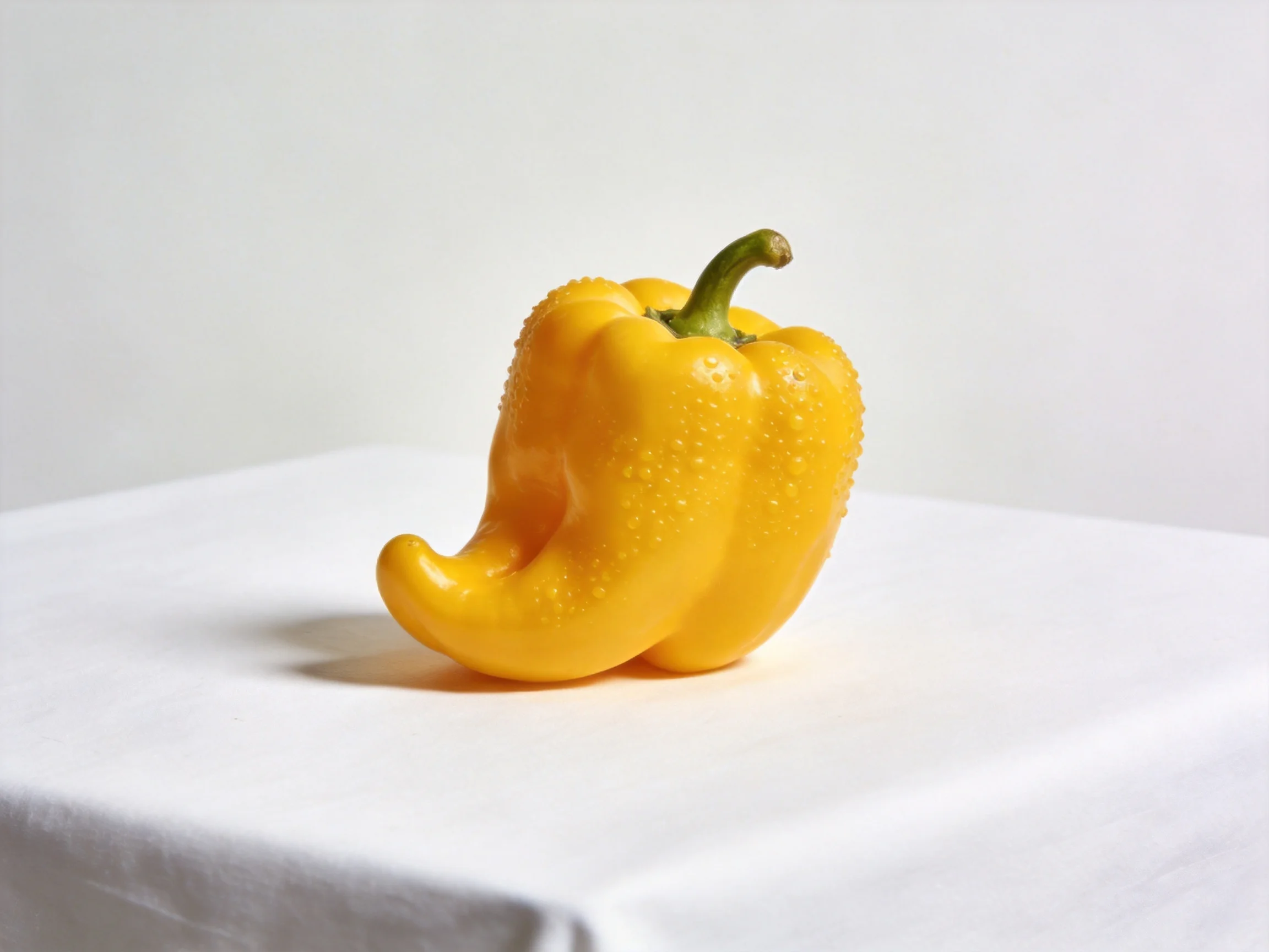 An unusually shaped yellow bell pepper with water droplets on a white cloth