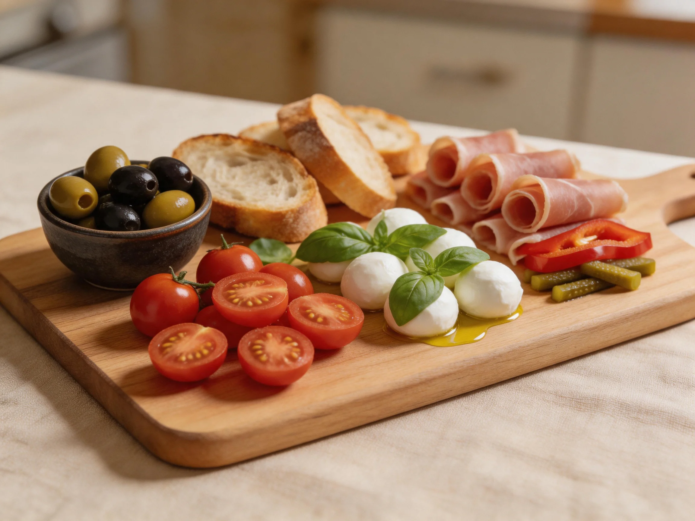 Antipasto ingredients arranged on a wooden serving board