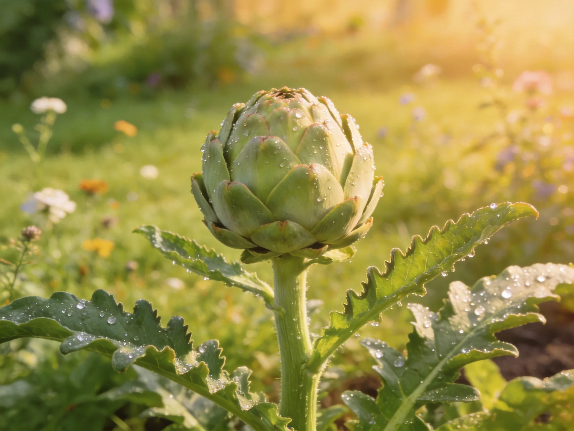 Artichoke Bud with Dew Drops in Sun-Drenched Garden Setting