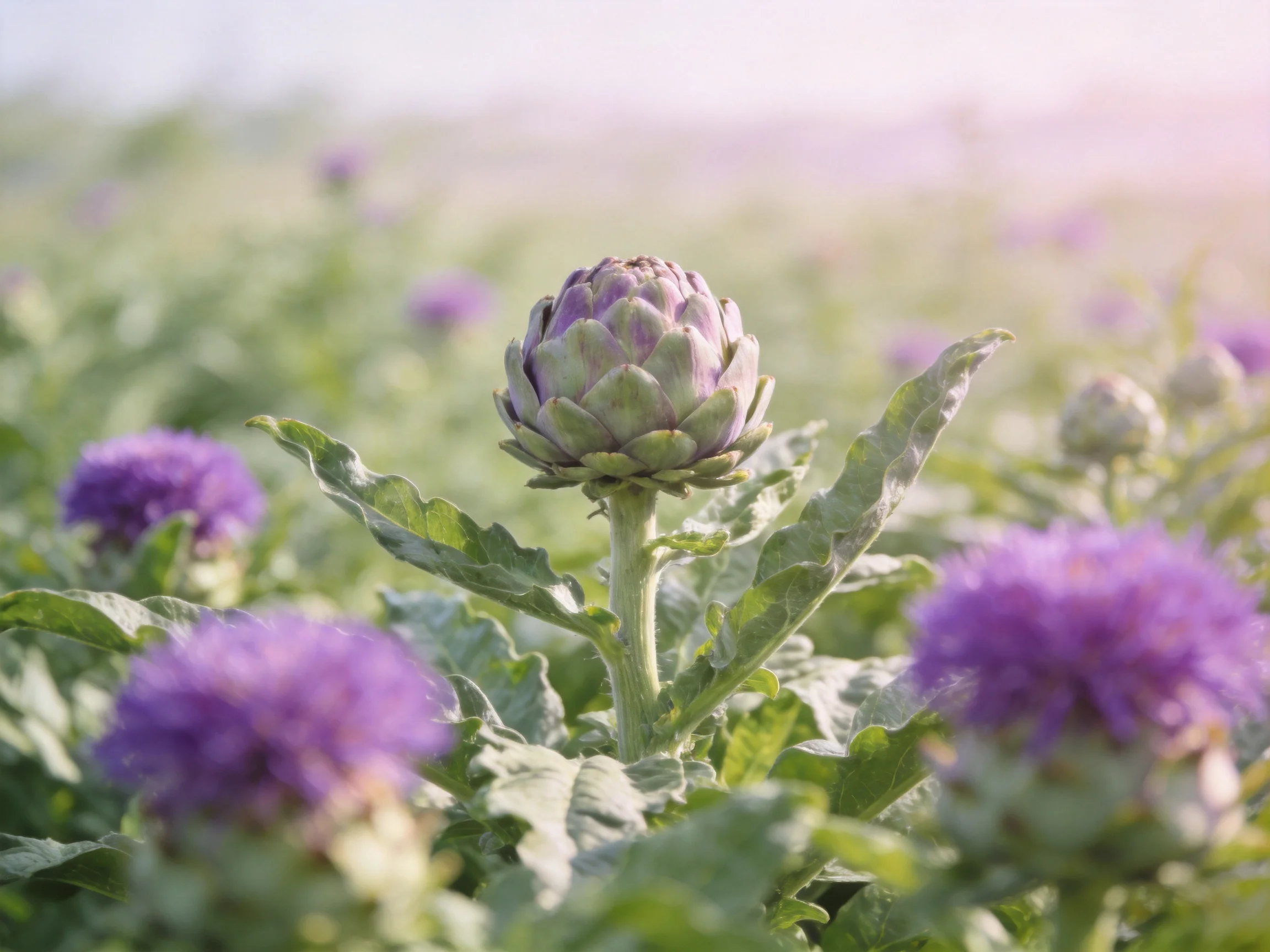 Artichoke plant with purple blooms in a lush green field
