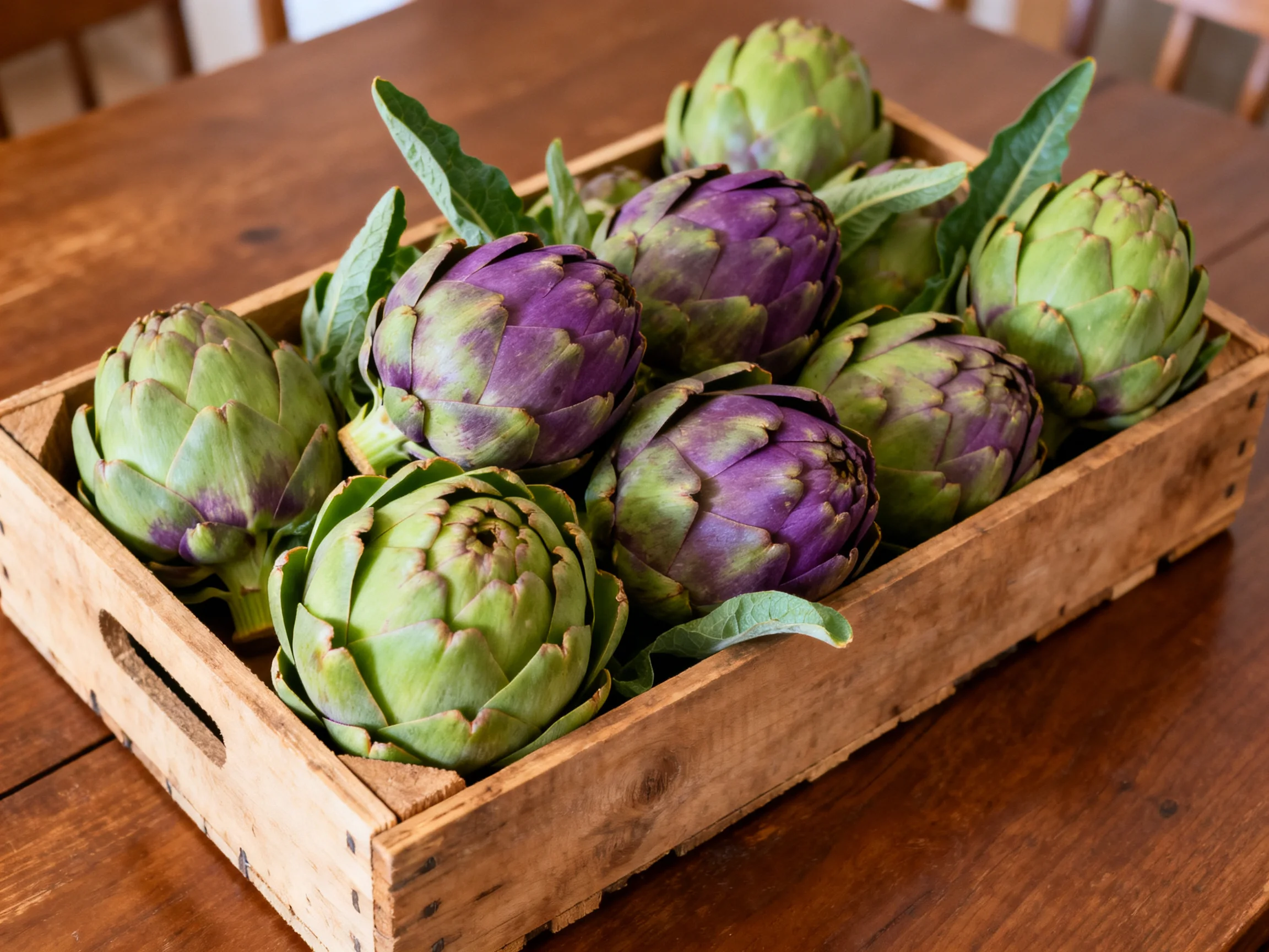 Artichokes in a wooden crate display green and purple varieties