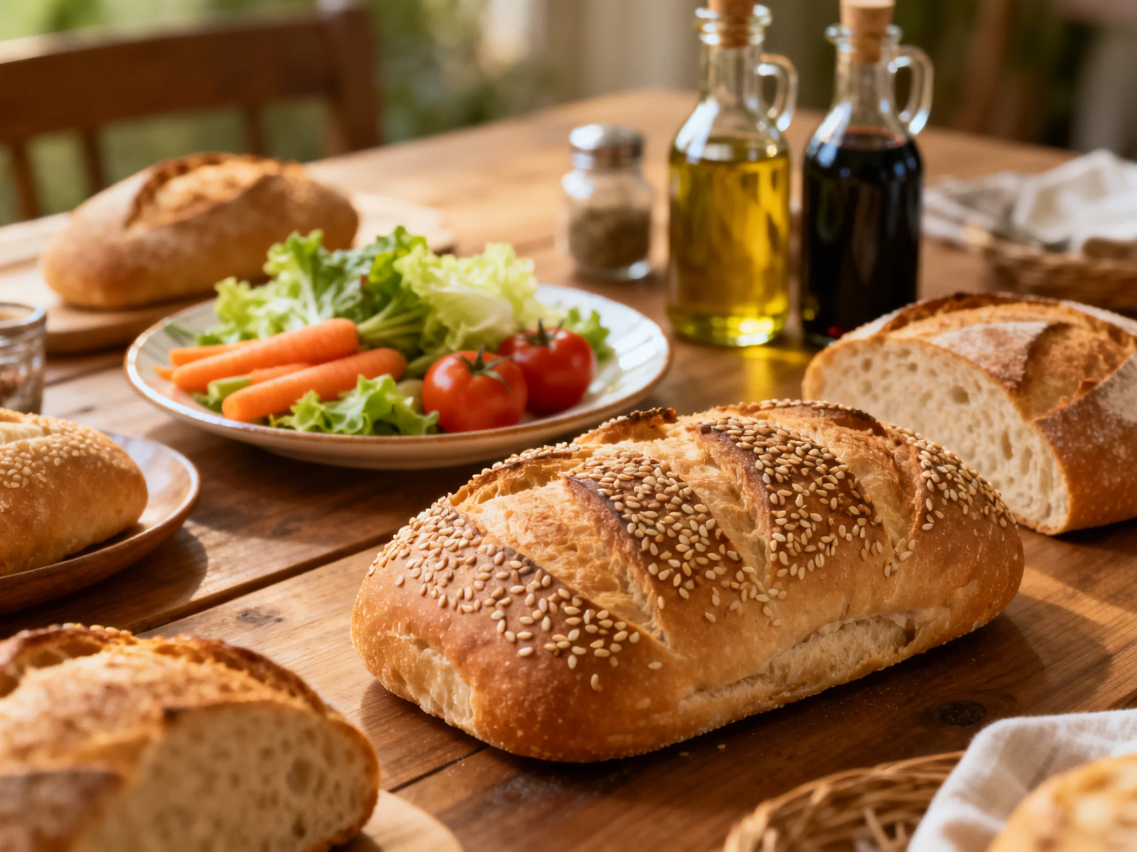 Artisanal bread loaves, vegetable platter, and condiment bottles on a wooden table