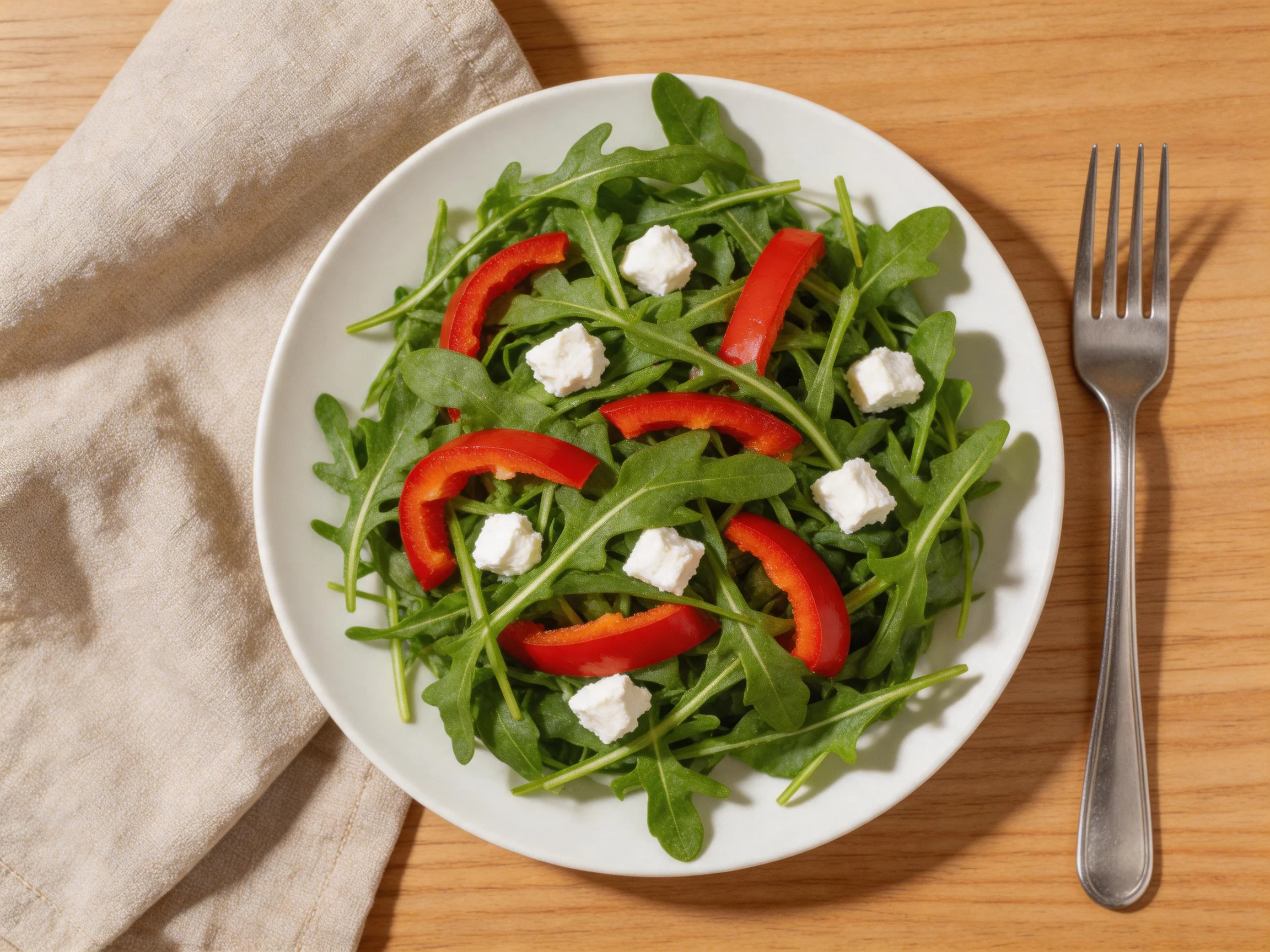 Arugula salad with red pepper slices and cheese cubes on a wooden table