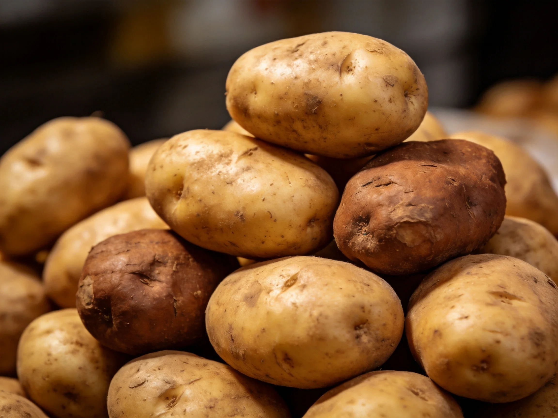 Assorted colored potatoes stacked closely in a market display