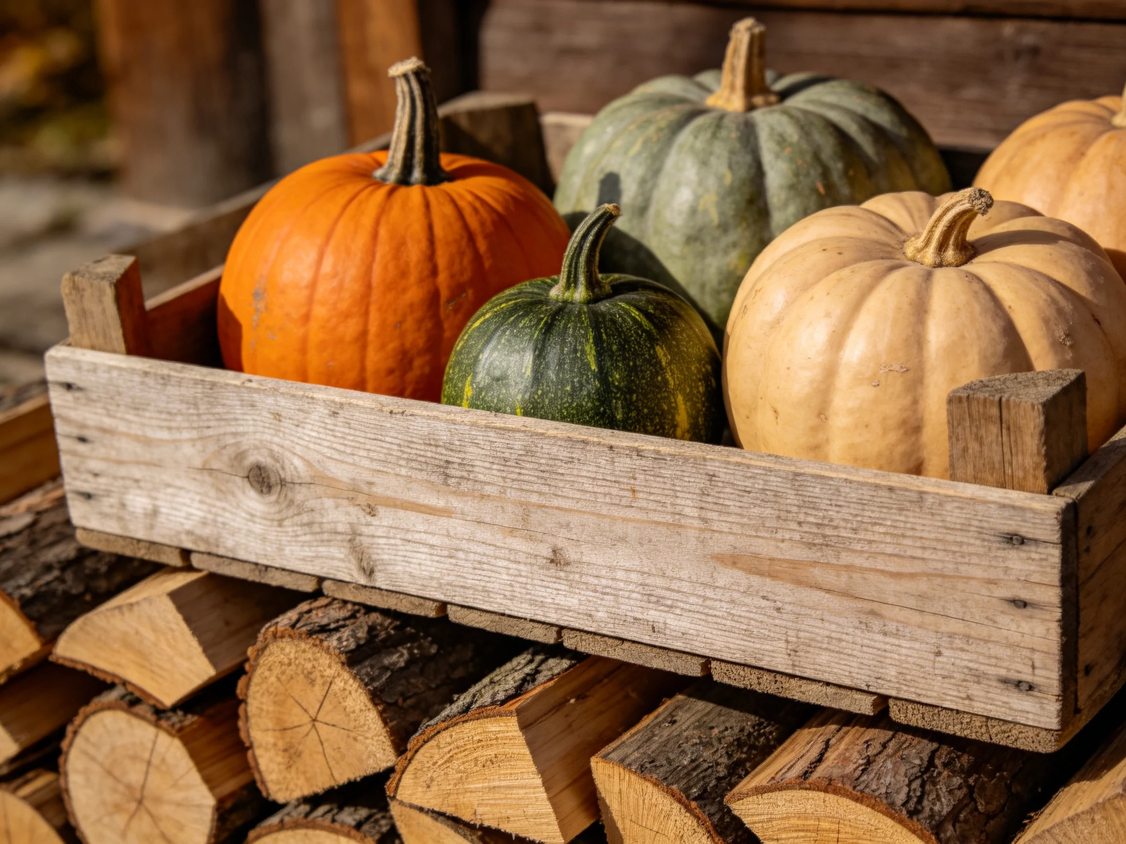 Assorted colored pumpkins in a wooden crate atop stacked firewood