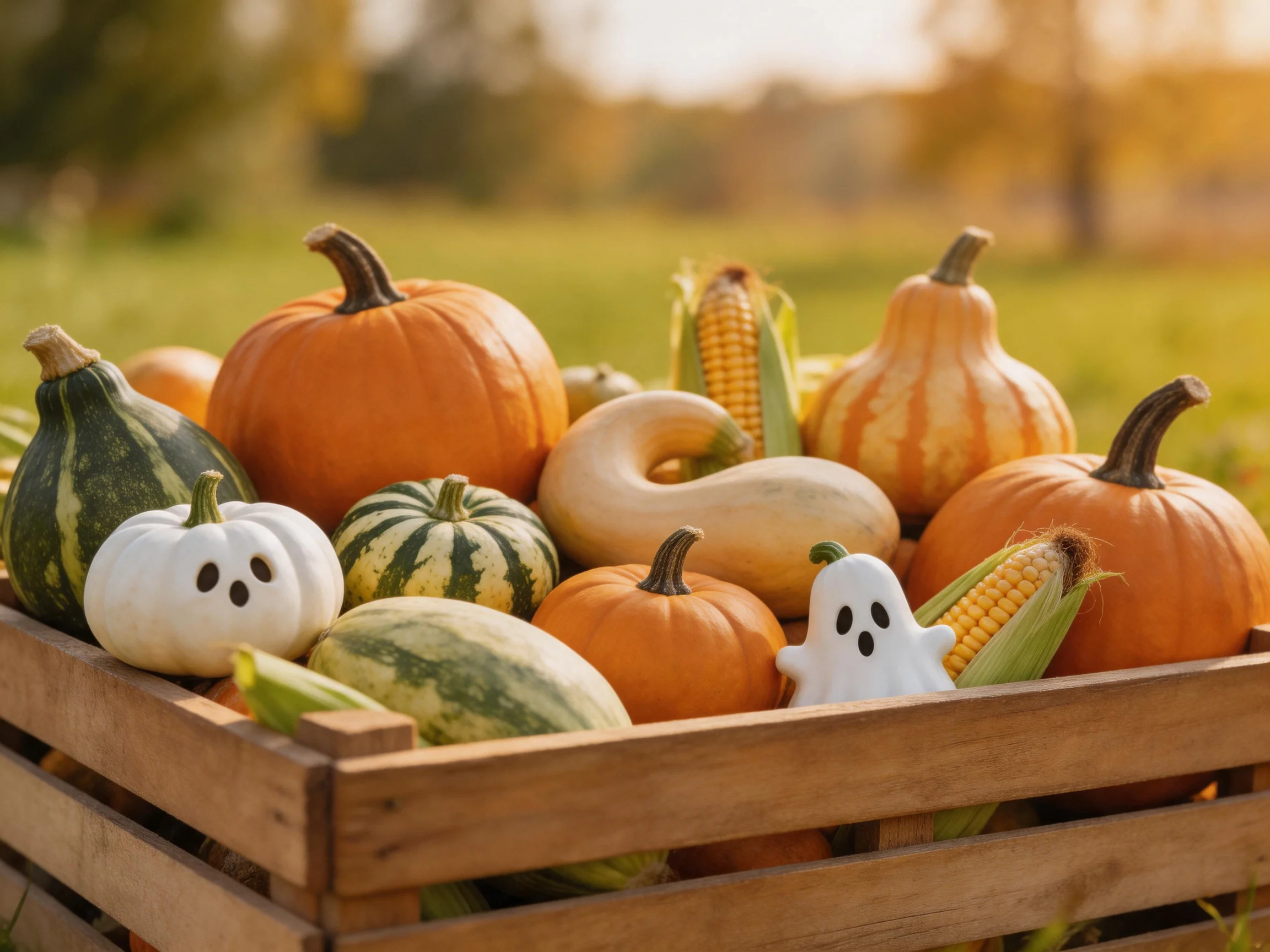 Assorted colorful squashes and pumpkins arranged in an outdoor wooden crate