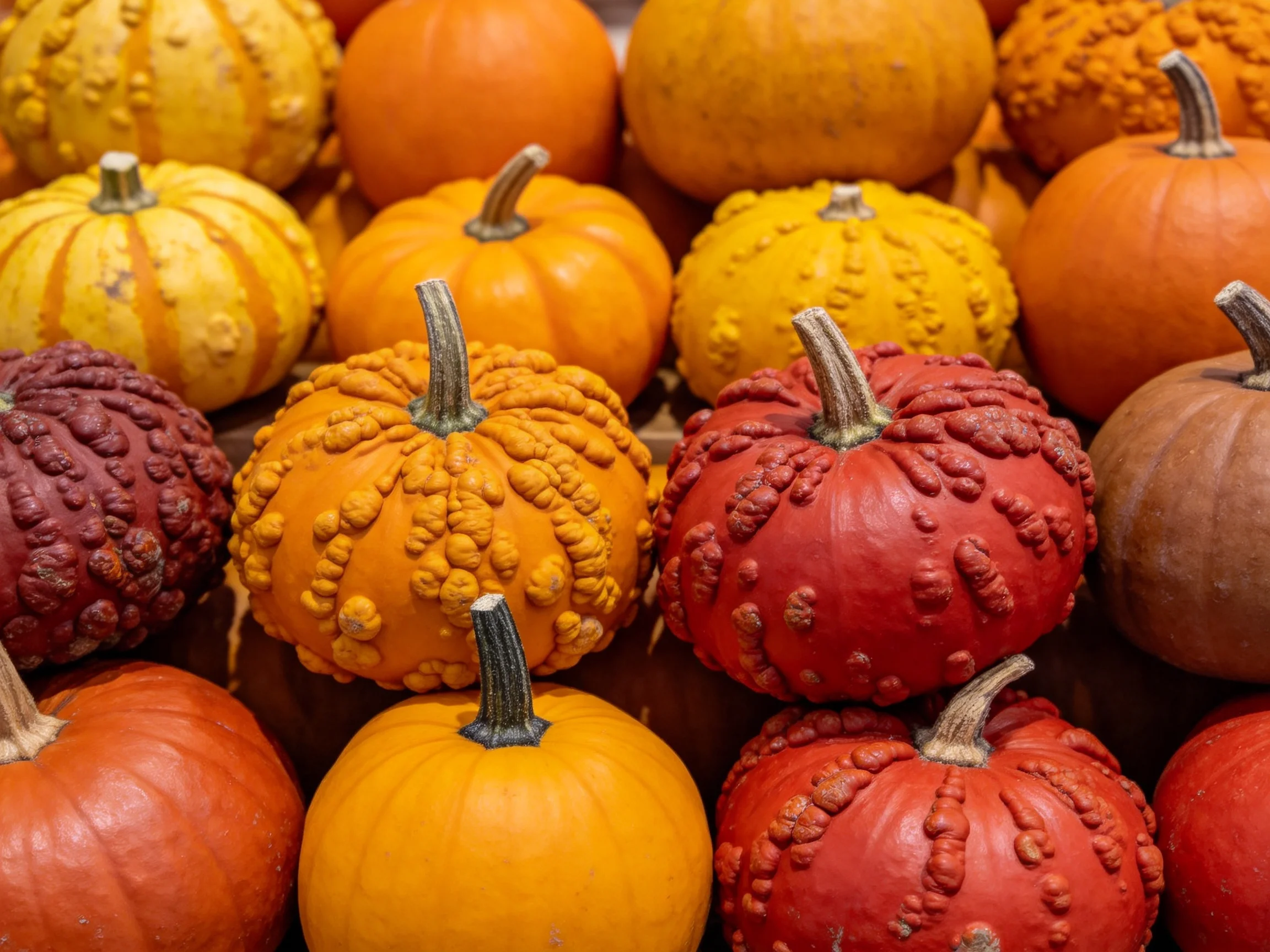 Assorted colorful textured small pumpkins arranged closely together