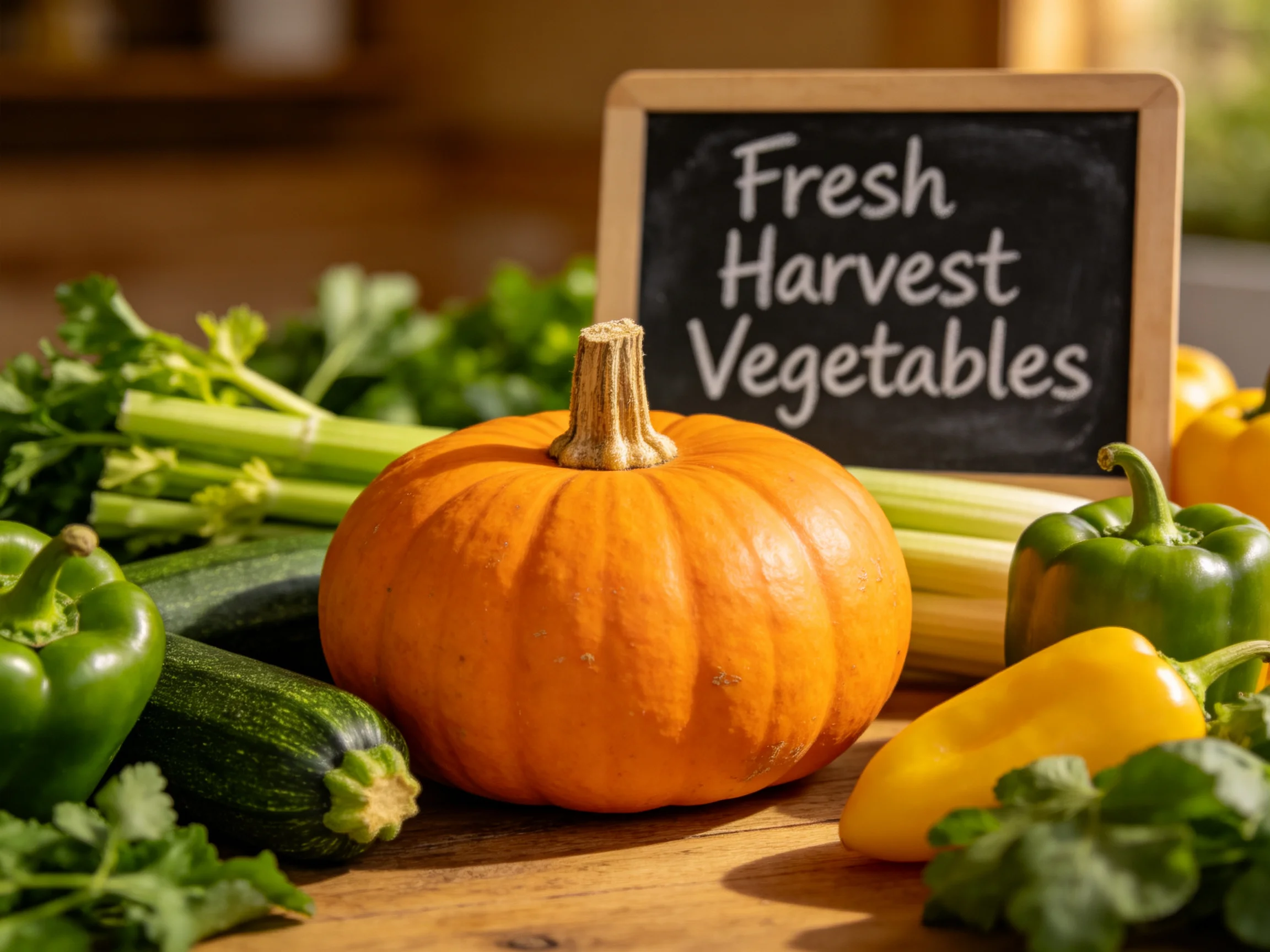 Assorted fresh harvest vegetables displayed with pumpkin and bell peppers