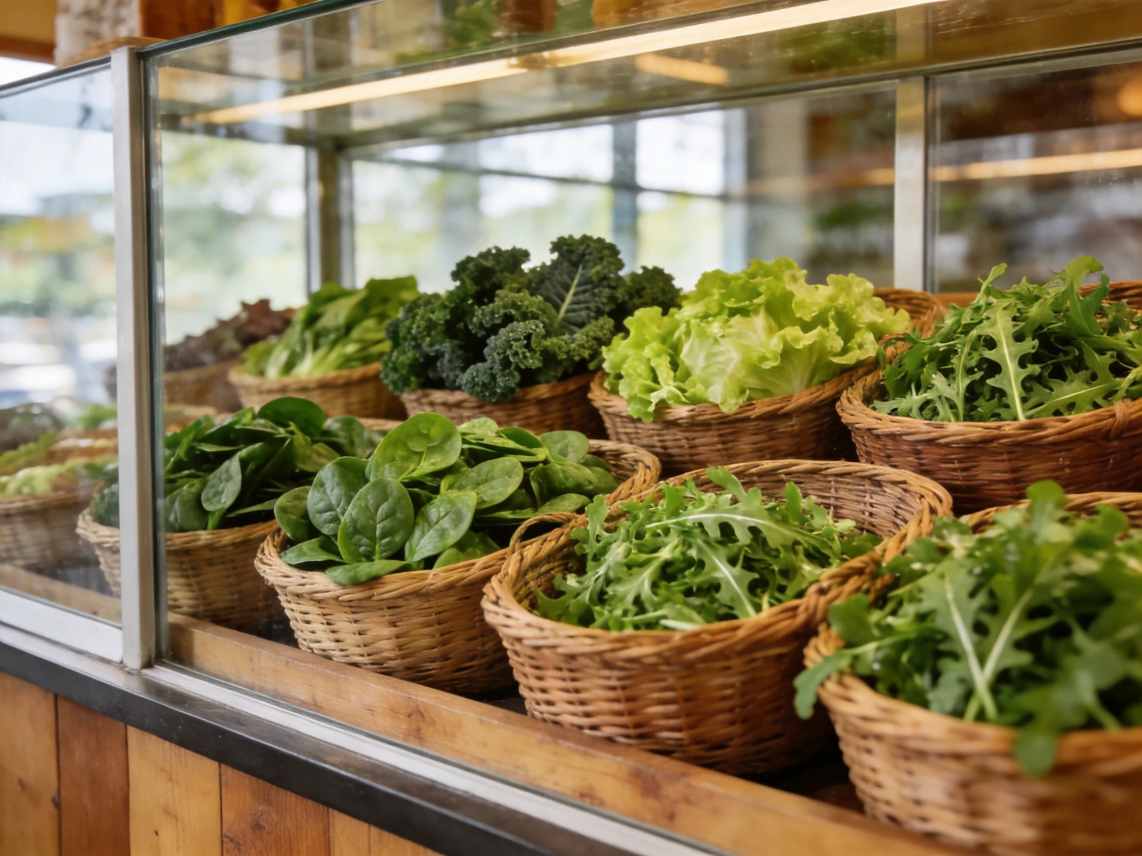 Assorted fresh leafy greens in wicker baskets behind a glass market display