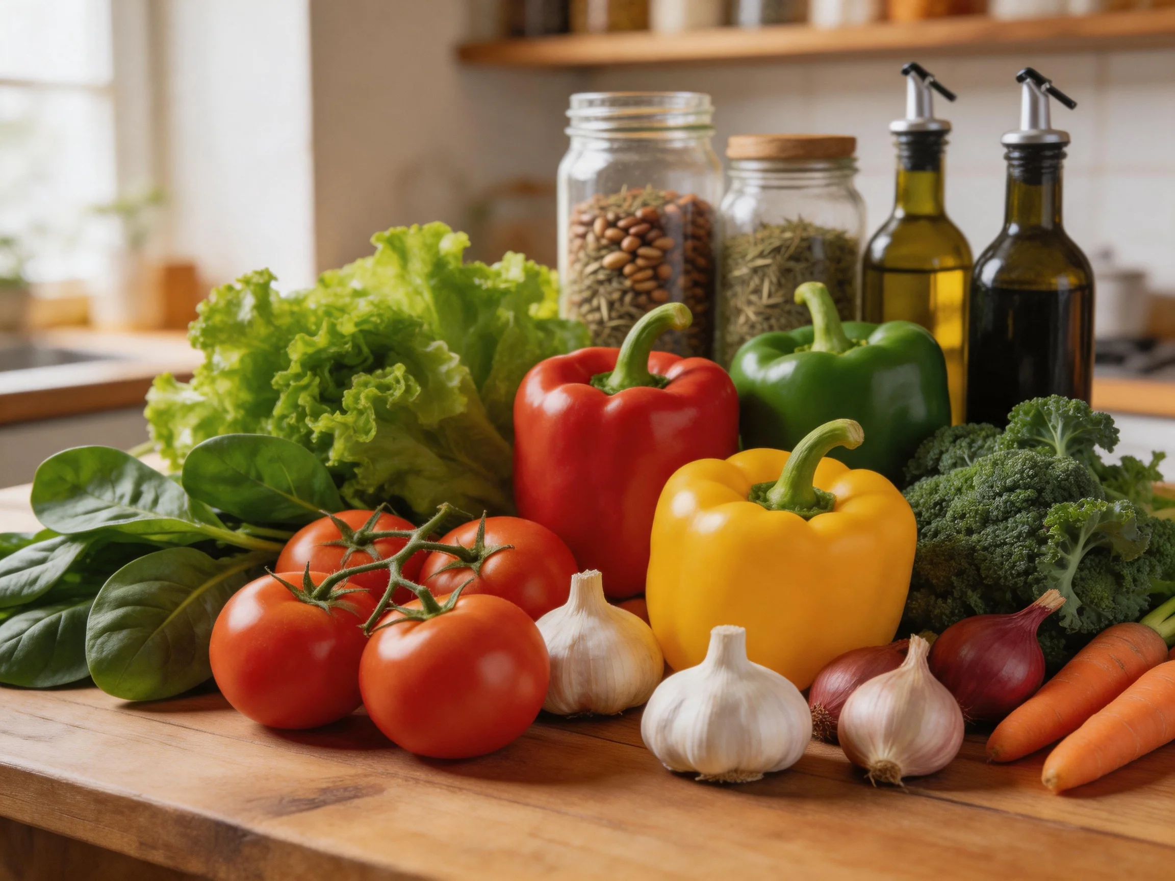 Assorted fresh vegetables and kitchen containers on a wooden countertop