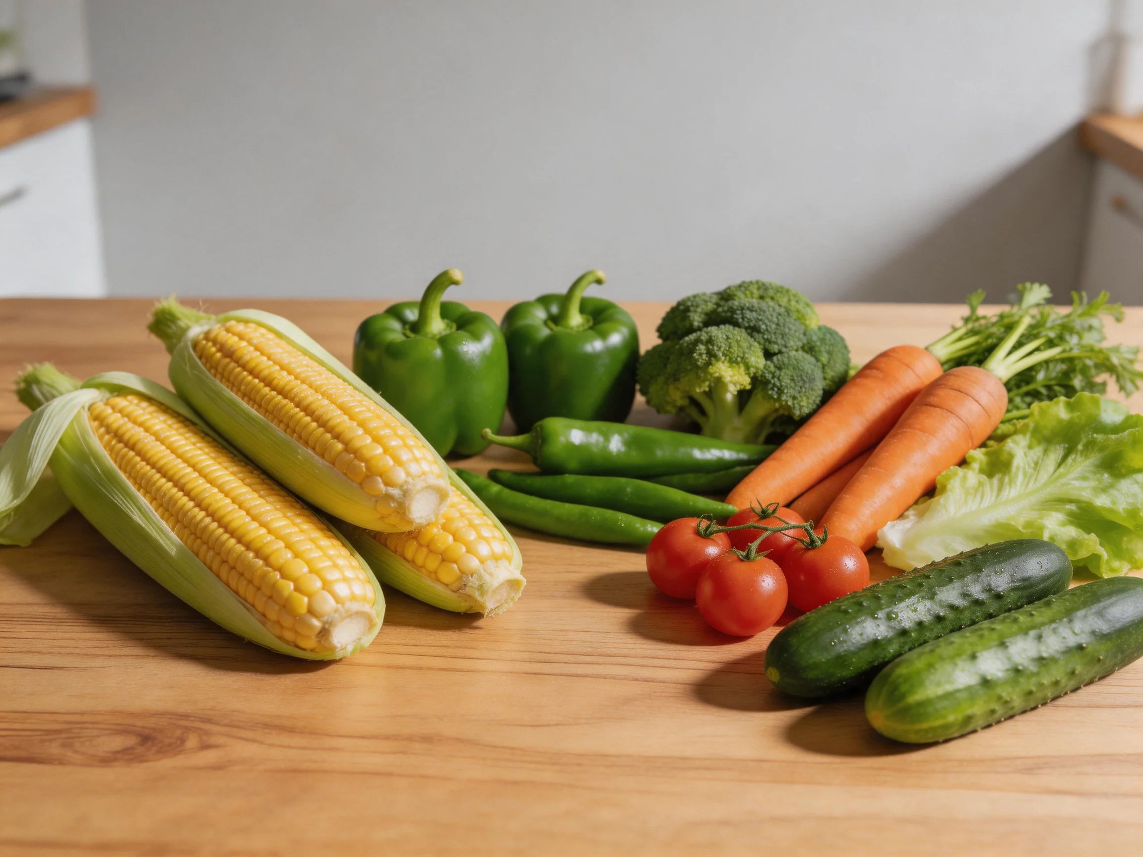 Assorted fresh vegetables displayed on a wooden countertop