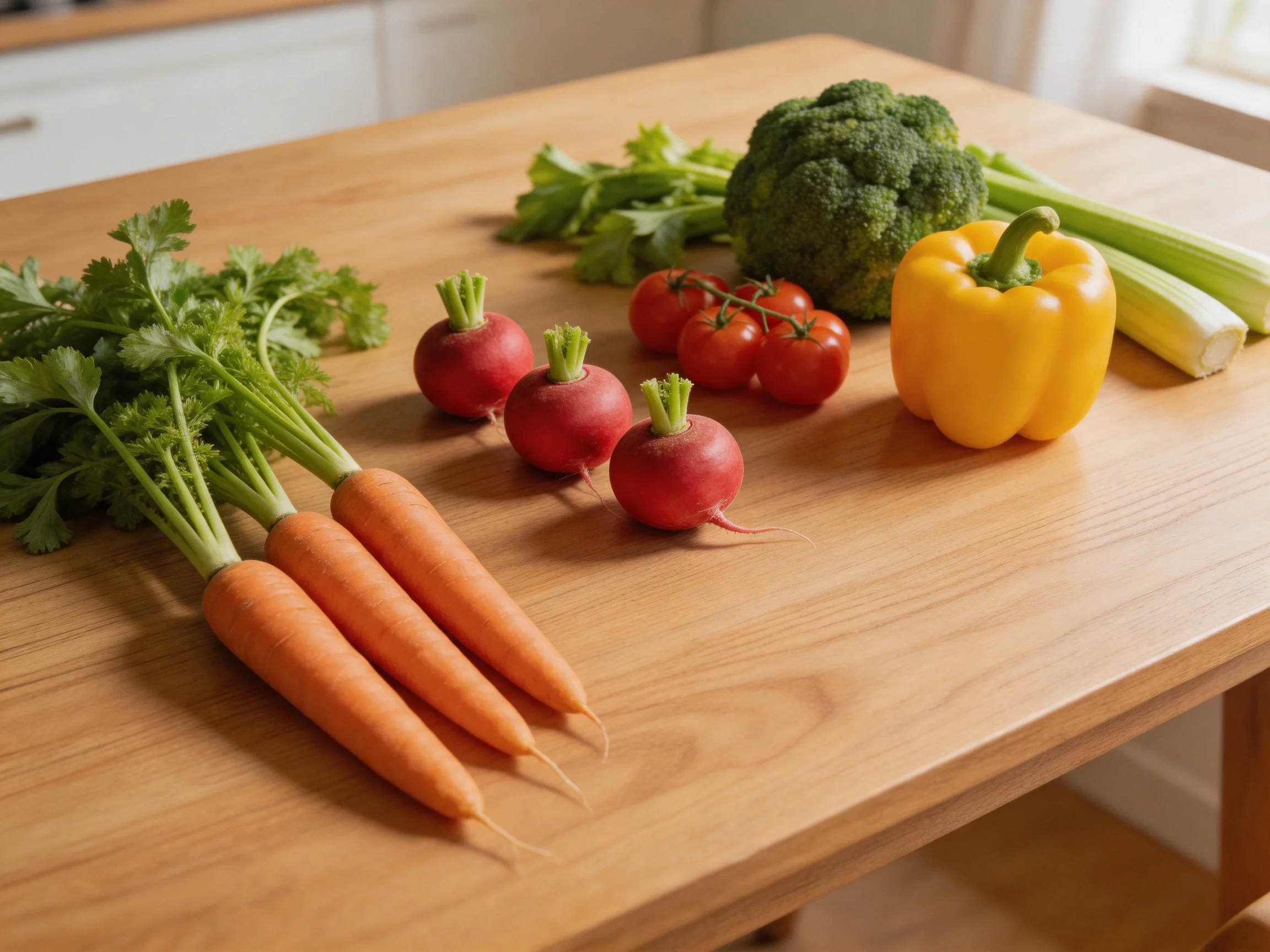 Assorted fresh vegetables on a wooden kitchen table