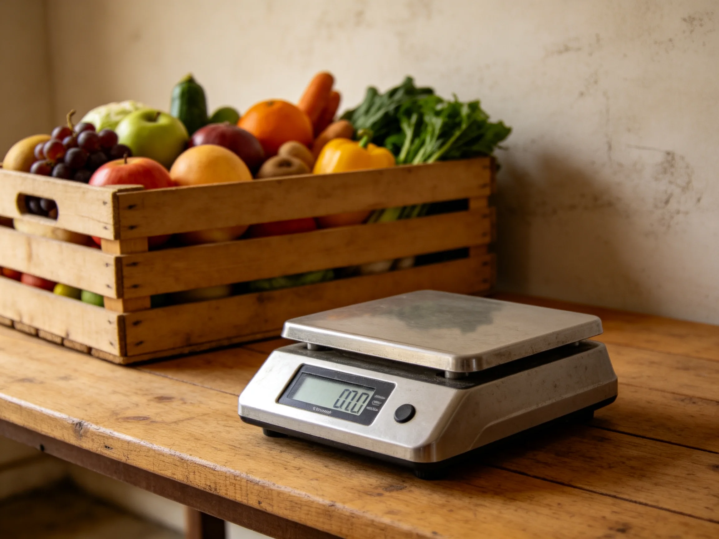Assorted fruits and vegetables in a wooden crate beside a digital kitchen scale