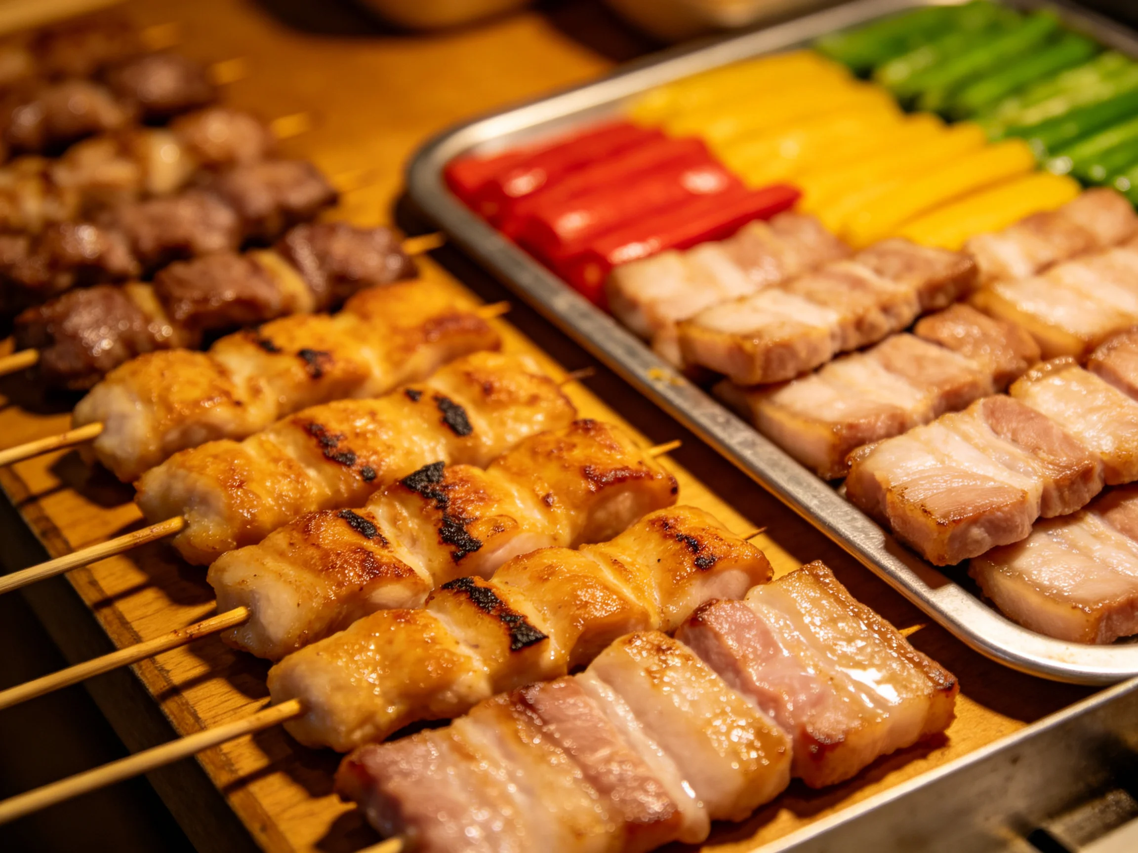 Assorted grilled skewer meats and colorful vegetable slices on wooden and metal trays