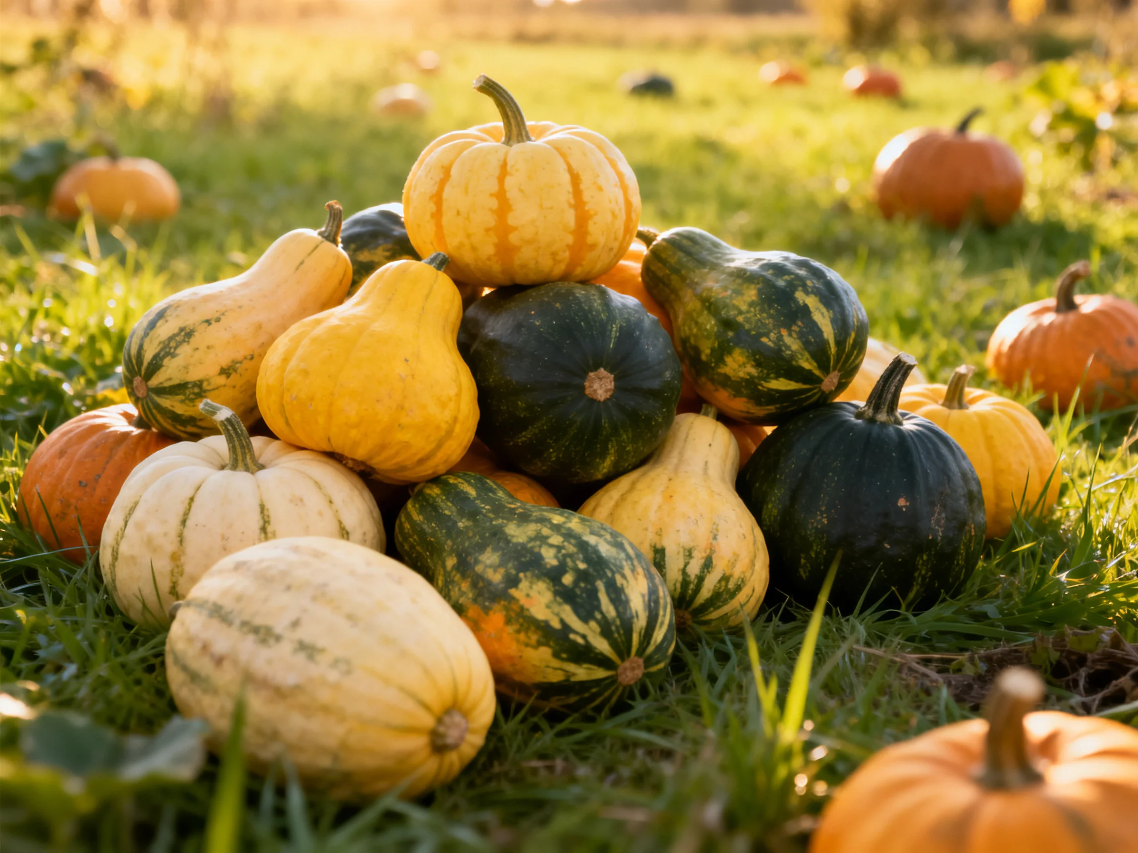 Assorted multicolored squashes and pumpkins piled on a grassy field