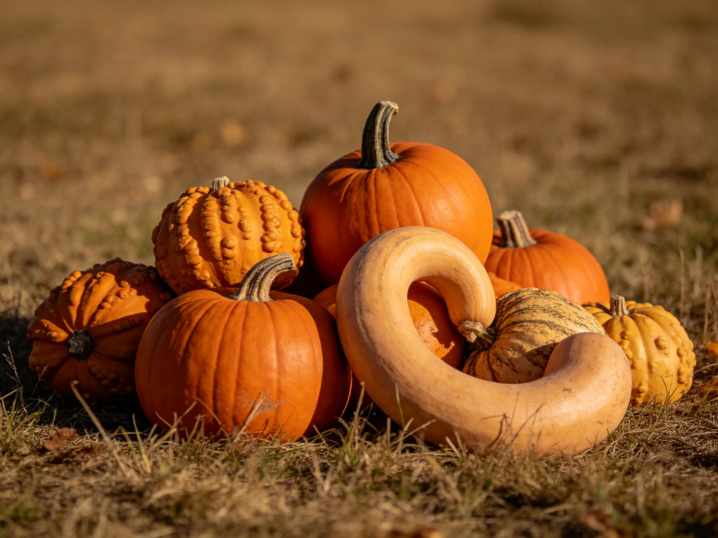 Assorted orange and beige pumpkins and gourds piled on dry grass