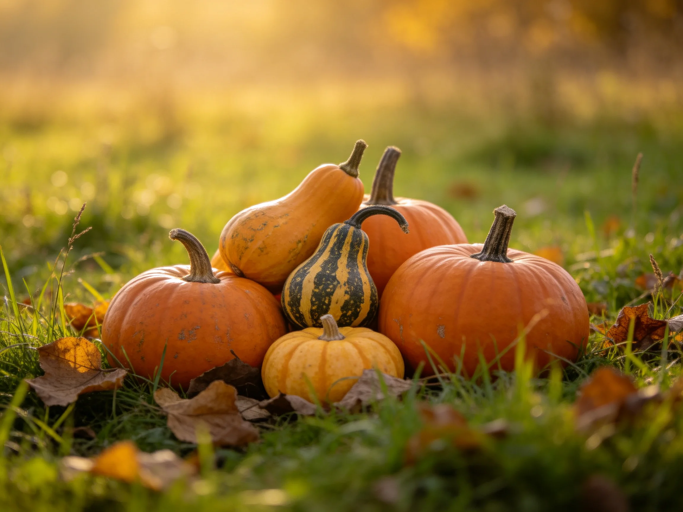 Assorted orange and striped squashes and pumpkins grouped on grass with fallen autumn leaves