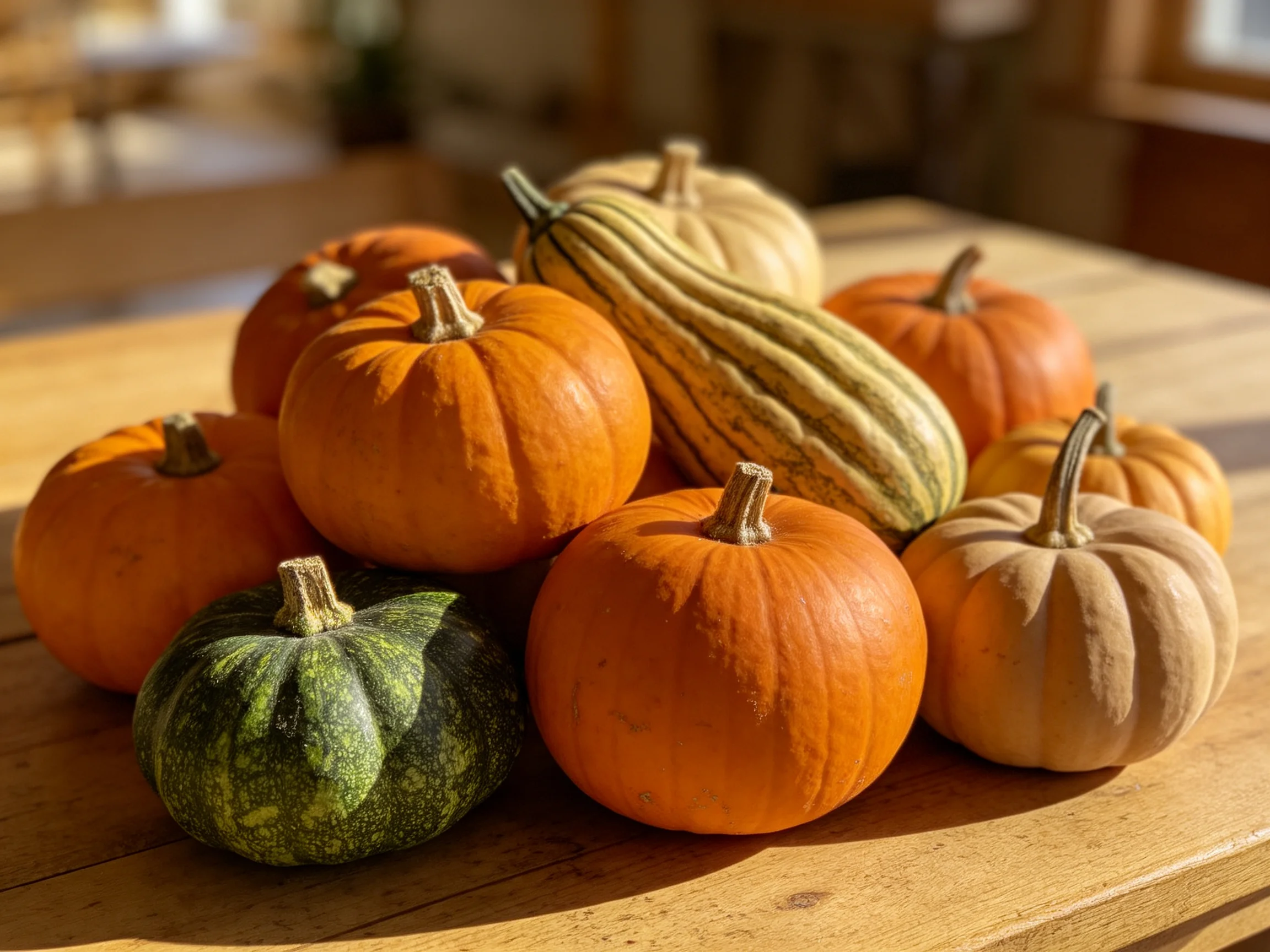 Assorted orange, green, and striped pumpkins and squashes on a wooden table