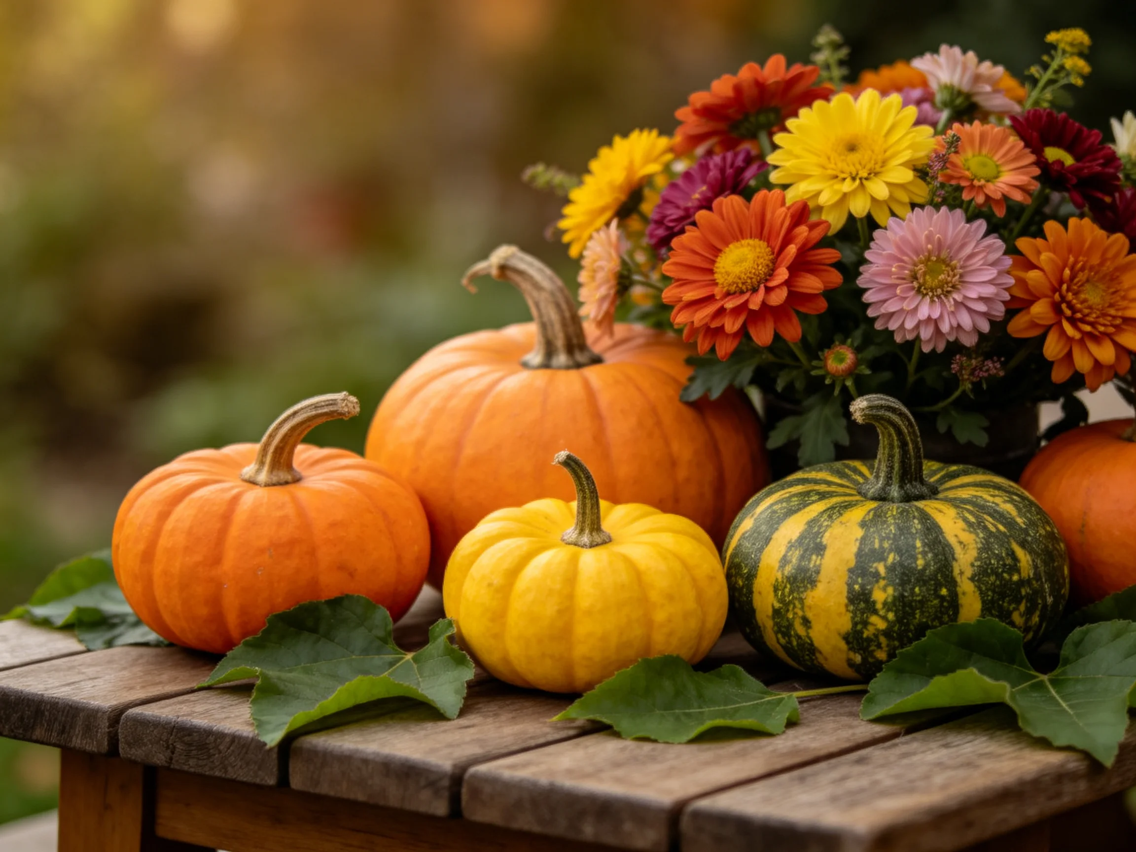 Assorted pumpkins and colorful flowers arranged on a rustic wooden table