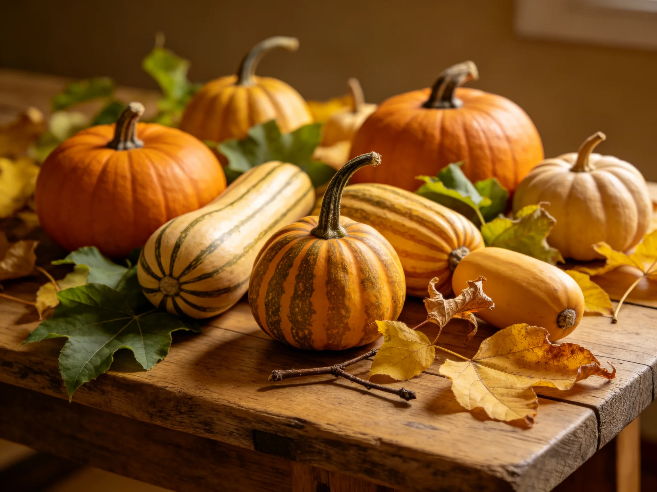 Assorted pumpkins and striped gourds in orange, cream, and green on a rustic wooden table